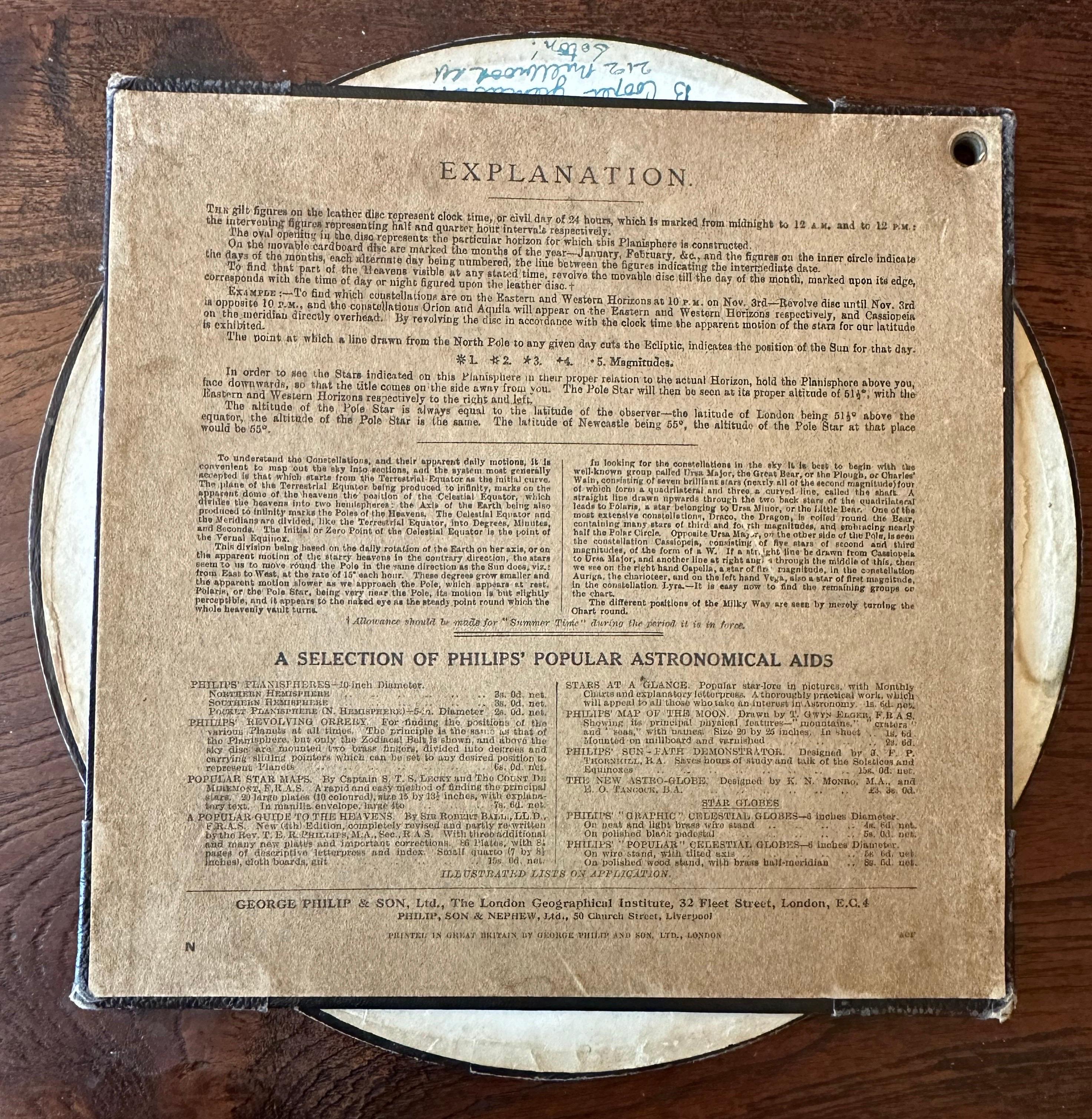 Planisphere. Philips' Planisphere showing the Principal Stars, circa 1905 In Good Condition In Langweer, NL