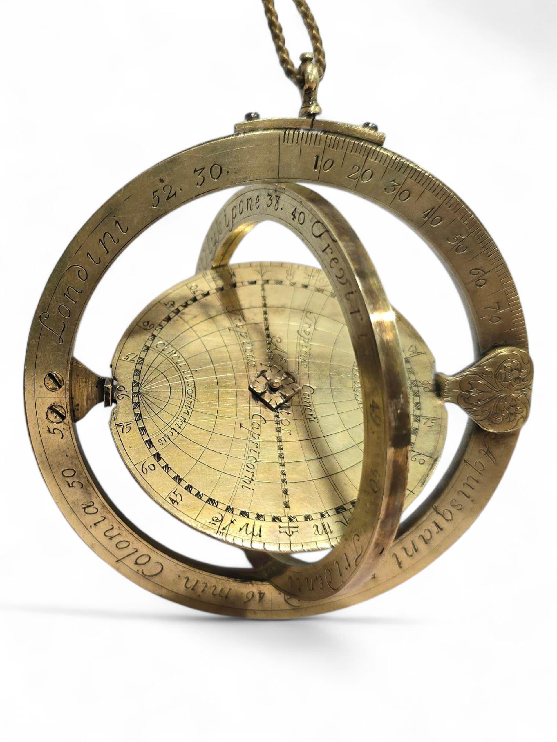 Origin: Probably Southern Germany (Nuremberg or Augsburg) or the Flemish region (Louvain or Antwerp).
Date: circa 1580–1620
Material: finely engraved brass
Diameter: 9 cm

A beautifully crafted planispheric astrolabe or equinoctial sundial, dating