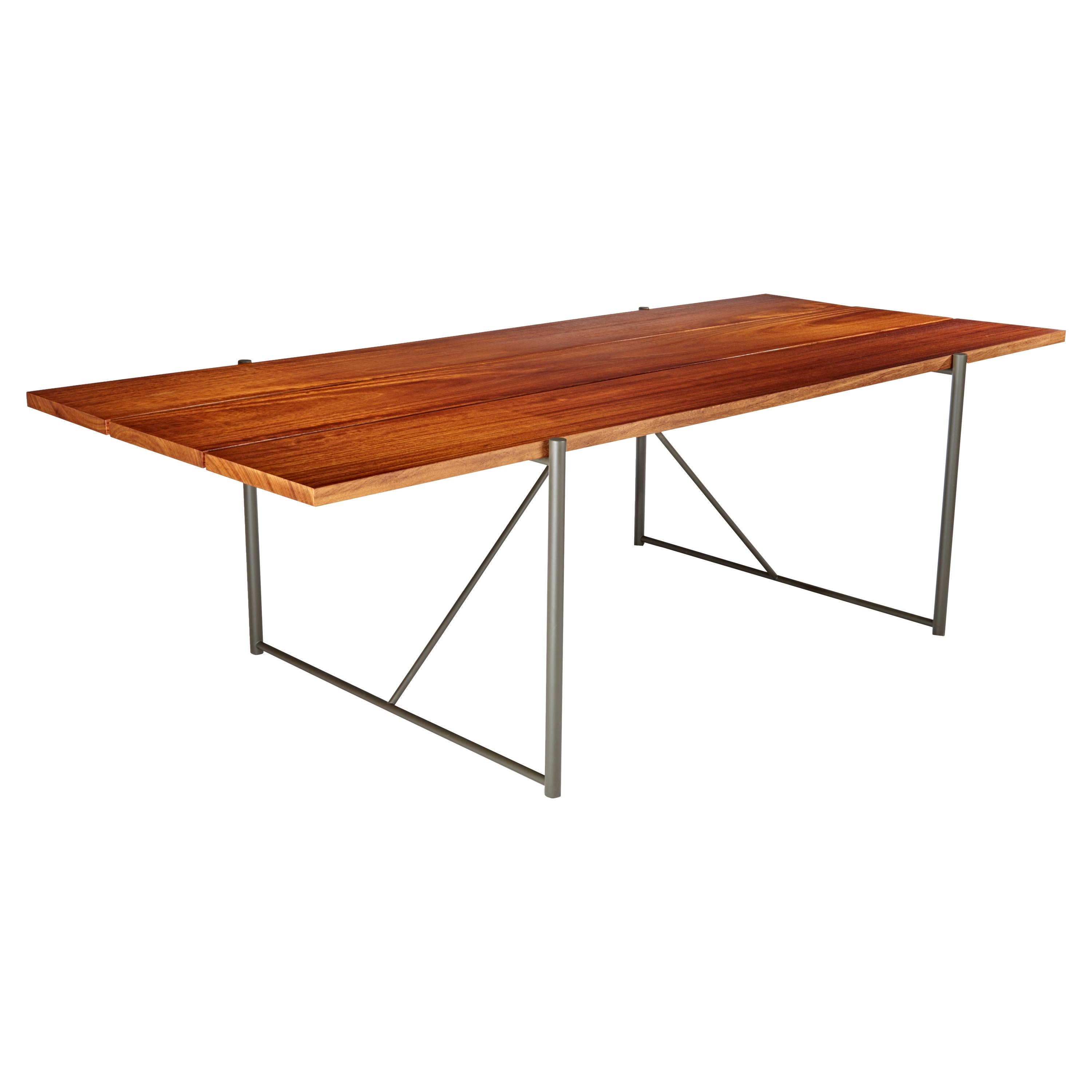 Plank Dining Table Stainless Steel Base Teak Wood Solid Plank Top