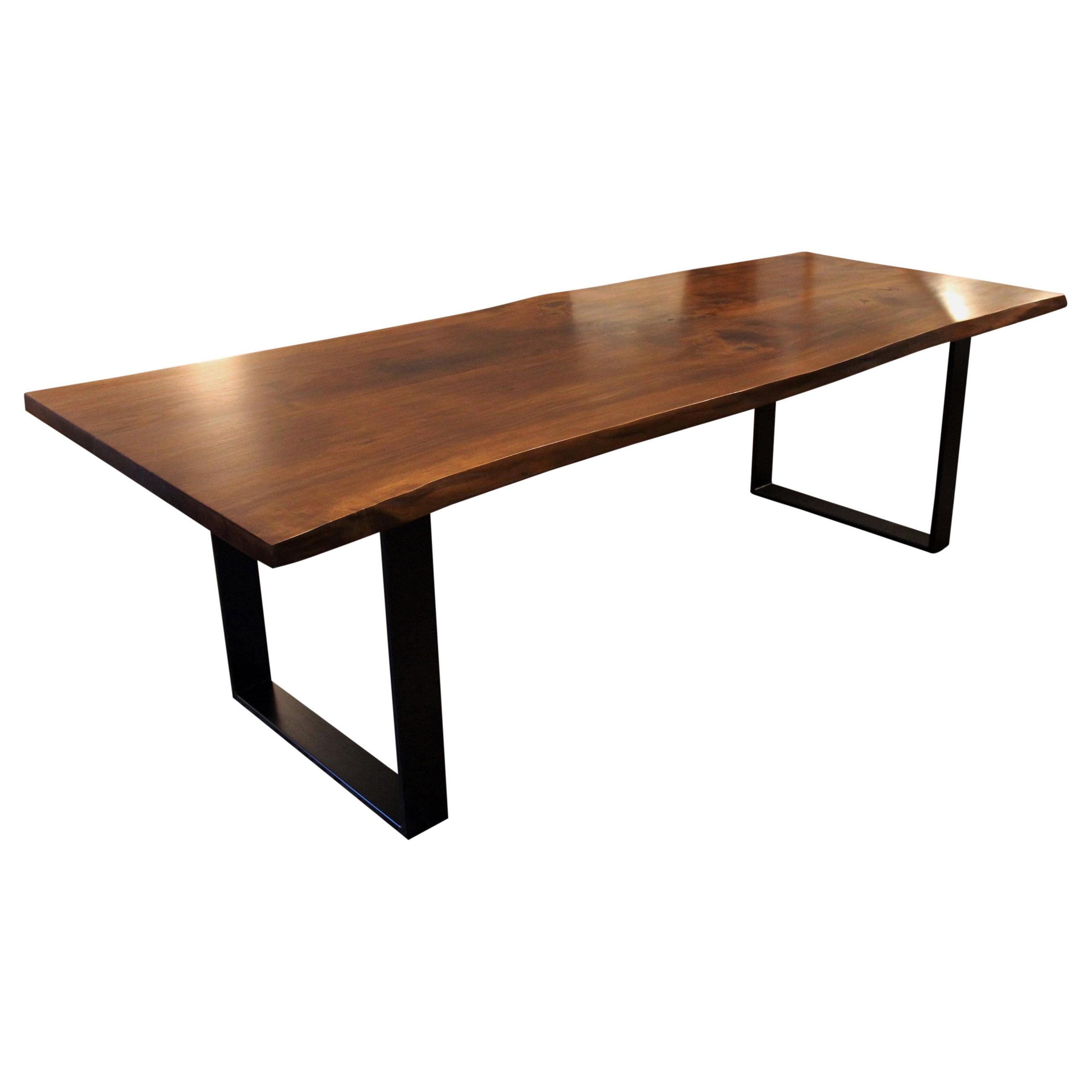 Plank Table of Walnut and Black Metal Frame, of Two Planks with Natural Edges For Sale