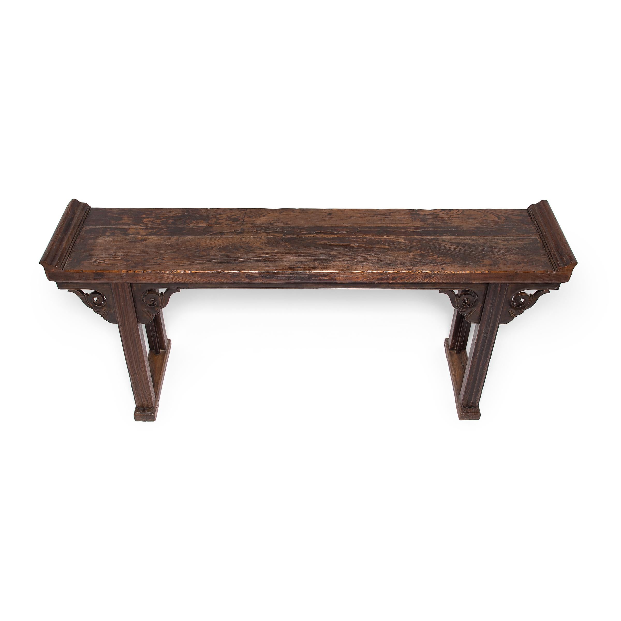 Hand-Carved Chinese Plank Top Console Table with Everted Ends, c. 1850