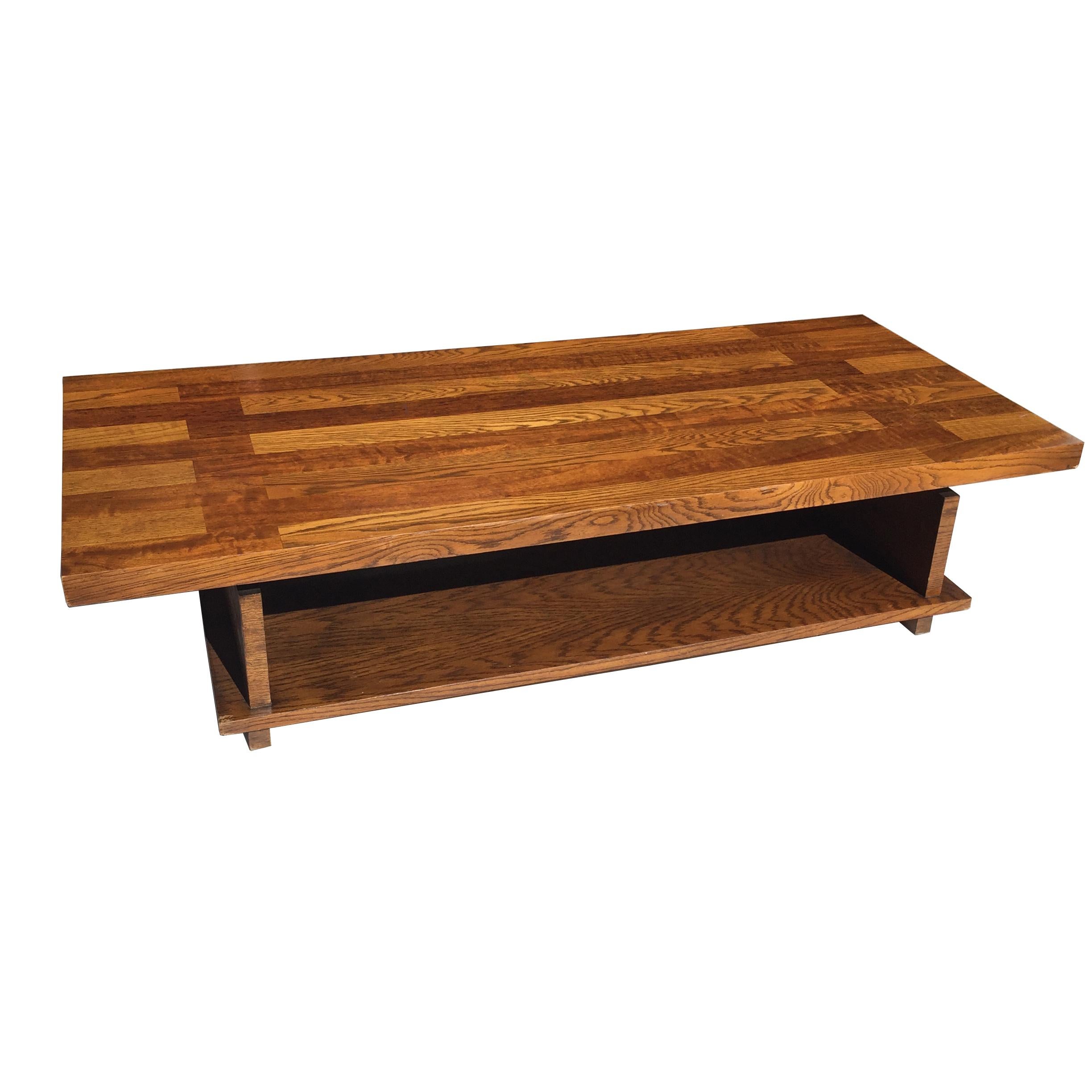 Lane midcentury plank trestle coffee table

Constructed of contrasting oak and walnut planks in a midcentury design
Two-tier.

