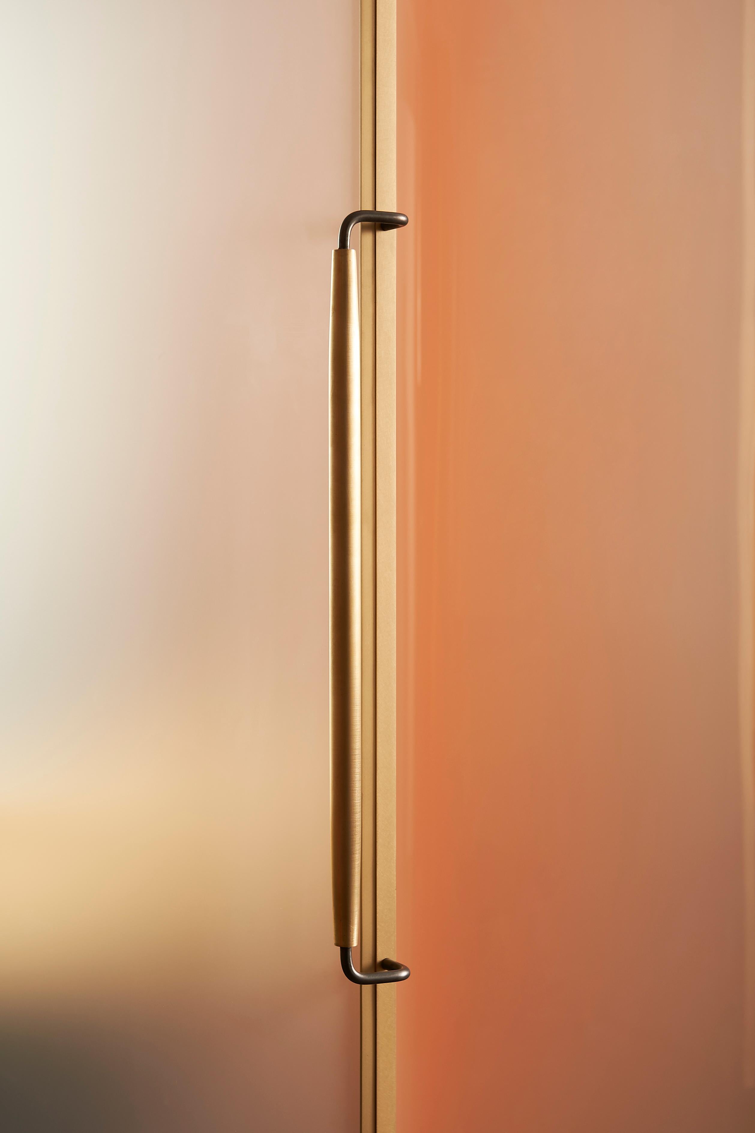 Hand-Crafted Plano Bar Cabinet in Bronze, Curved Glass Doors, Waxed Leather Bottle Slings