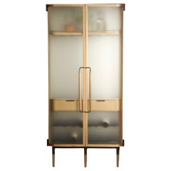 Plano Bar Cabinet in Bronze, Curved Glass Doors, Waxed Leather Bottle Slings