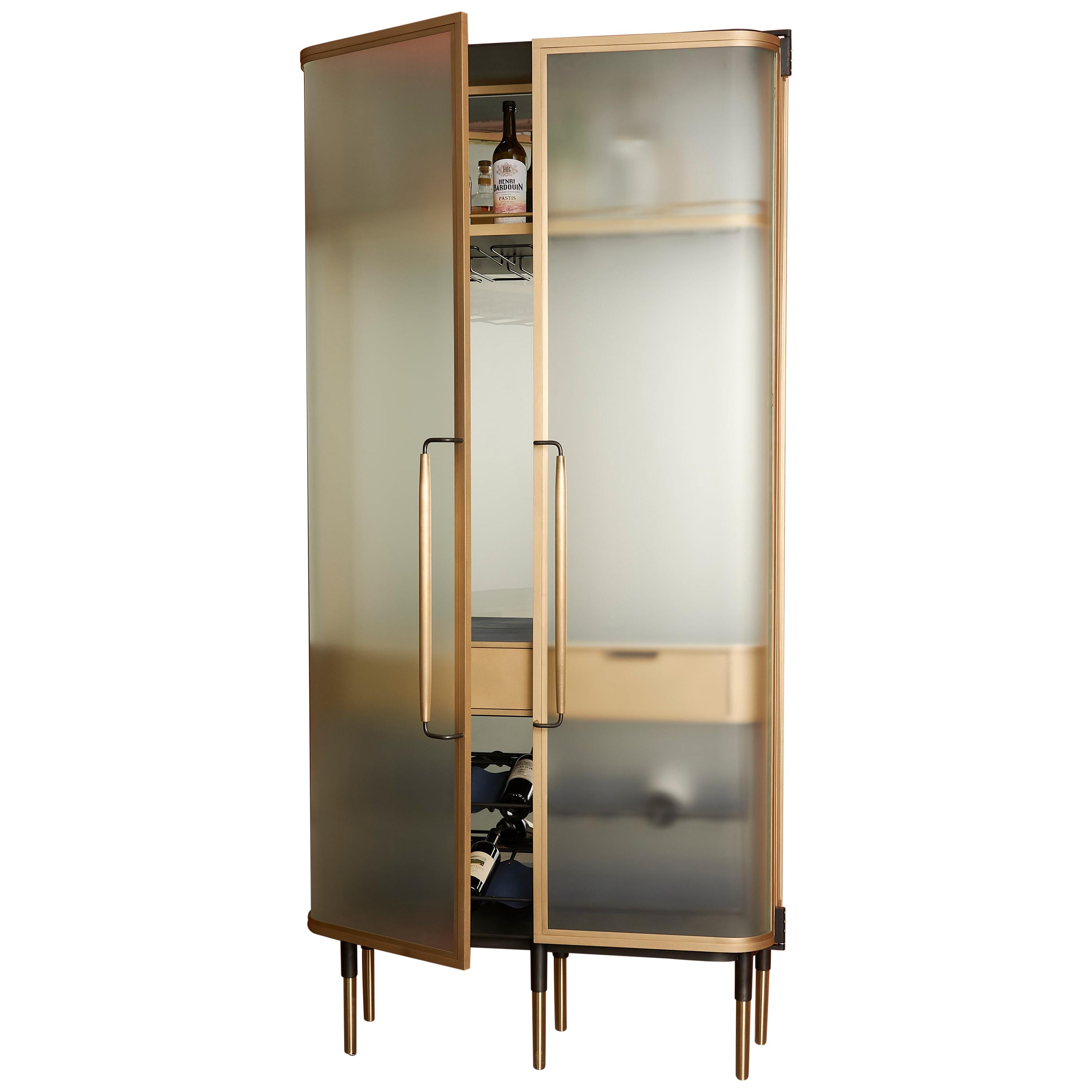 Plano Bar Cabinet in Bronze, Curved Glass Doors, Waxed Leather Bottle Slings