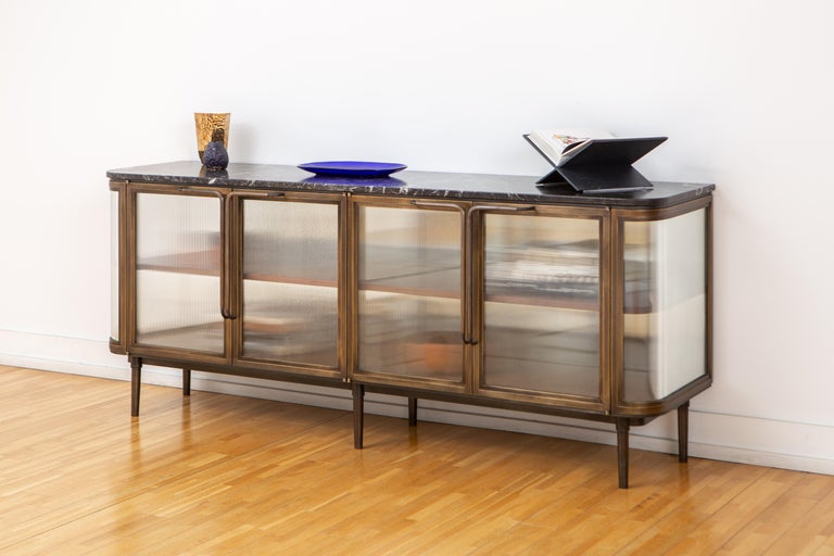 Canadian Plano Credenza in Bronze, Curved Glass Doors, Marble Top, Black Walnut Shelves For Sale
