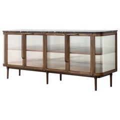 Plano Credenza in Bronze, Curved Glass Doors, Marble Top, Black Walnut Shelves