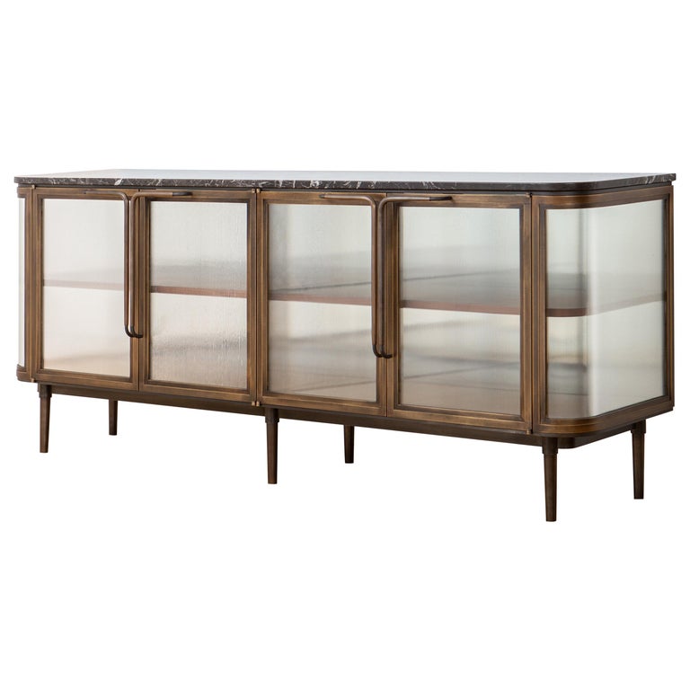 Plano Credenza in Bronze, Curved Glass Doors, Marble Top, Black Walnut Shelves For Sale
