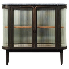 Plano Credenza (Two Door) in Bronze, Curved Glass Doors, Marble Top