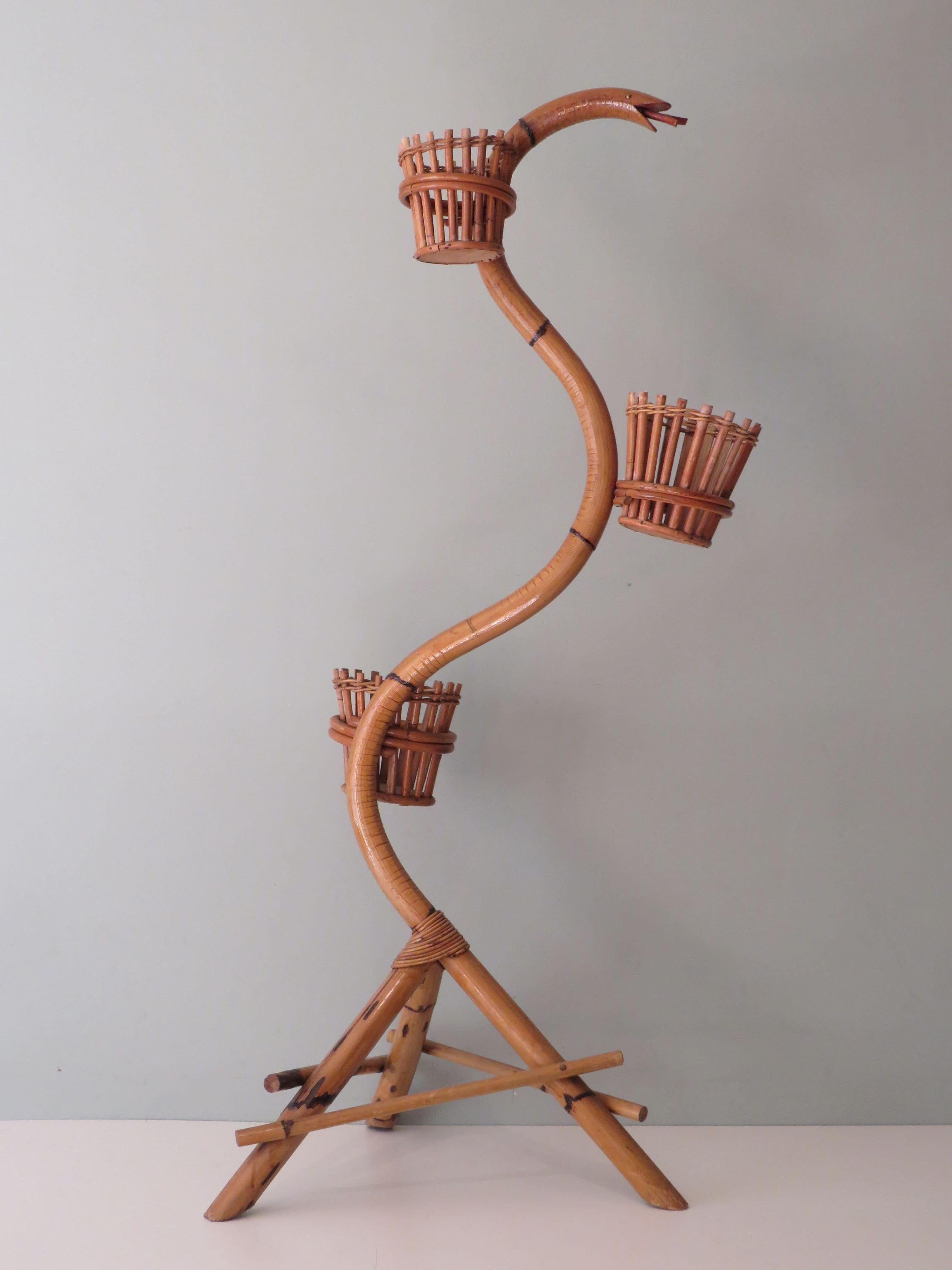 Mid-Century Modern Plant holder, flowerstand in rattan and bamboo, Italy 1960 For Sale