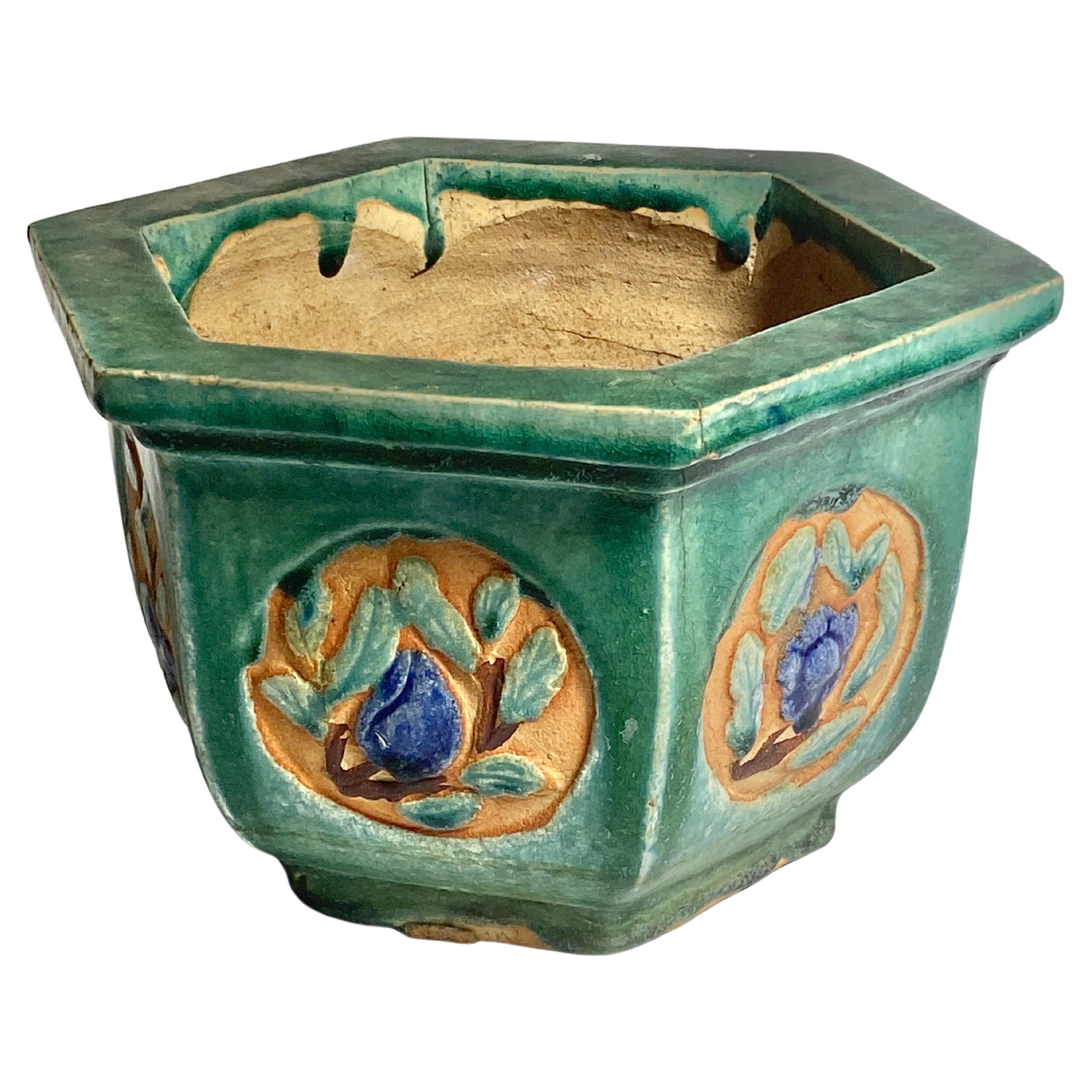 Plant Pot Holder, glazed Terracotta, Green color, France 1930 For Sale