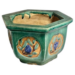 Vintage Plant Pot Holder, glazed Terracotta, Green color, France 1930