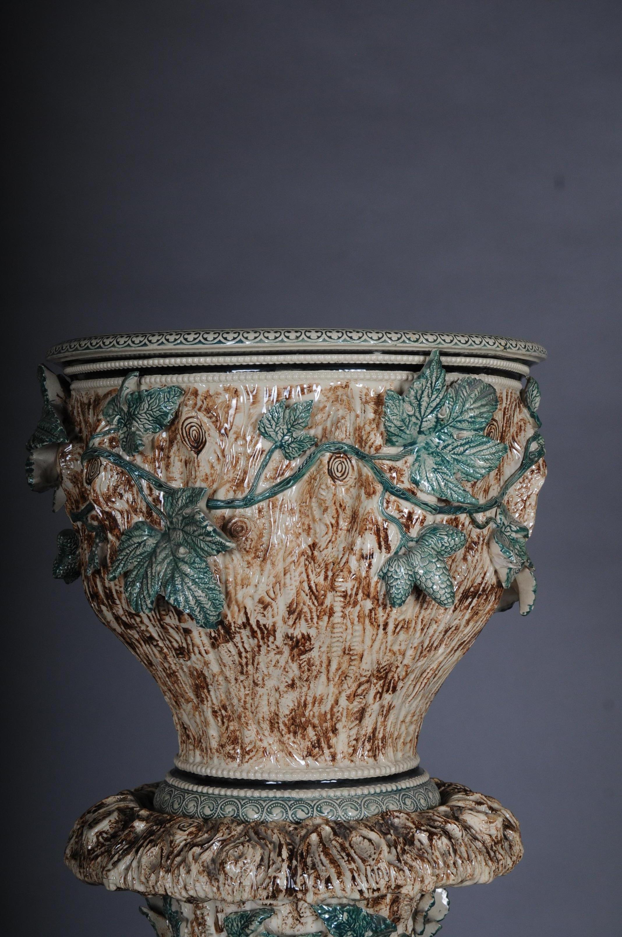 Late 19th Century Plant Pot Pillar Majolica Austria Vine Leaves Ceramics from 1885 For Sale