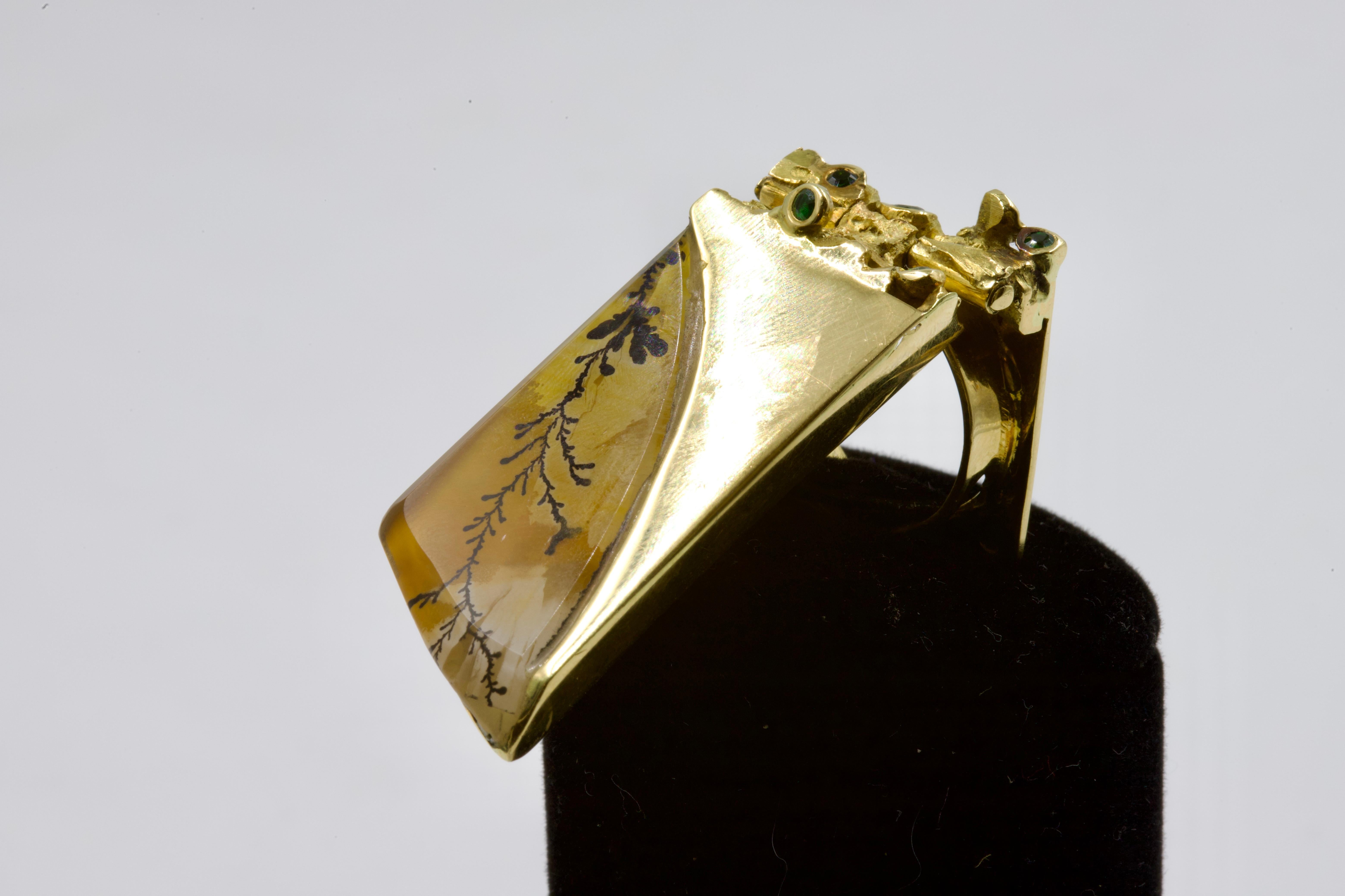 Thierry Vendome Plant Ring and Pendant
Pendant convertible into a ring and torque (additional/ contact us), yellow gold, dendrite quartz from Brazil, tsavorites, contemporary creation, signed, unique piece.
 
Bibliography:
- Model from the same
