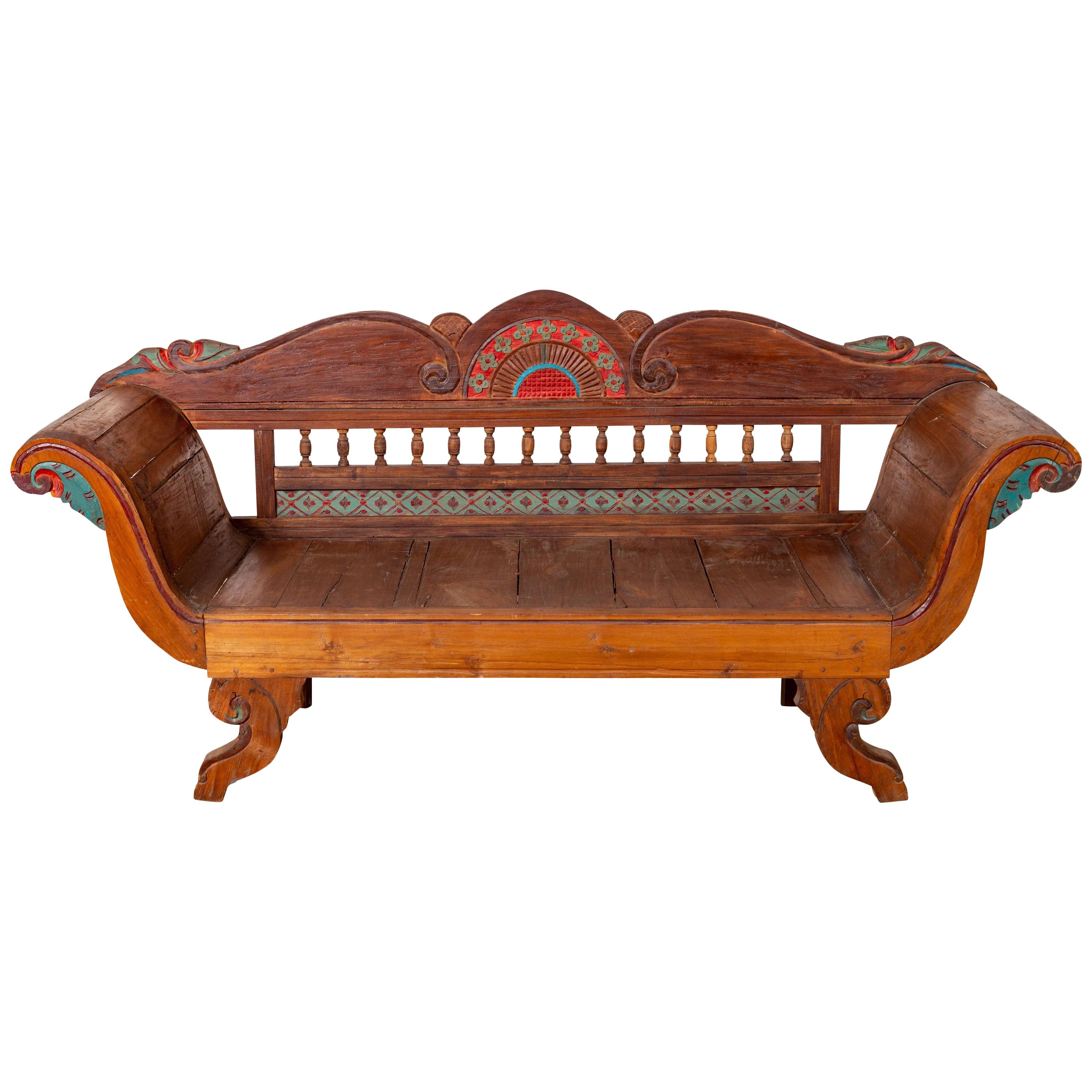 Plantation Dutch Colonial Teak Settee with Polychrome Décor, Out-Scrolling Arms