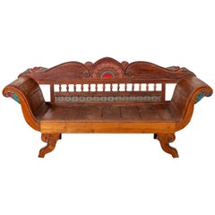 Plantation Dutch Colonial Teak Settee with Polychrome Décor, Out-Scrolling Arms
