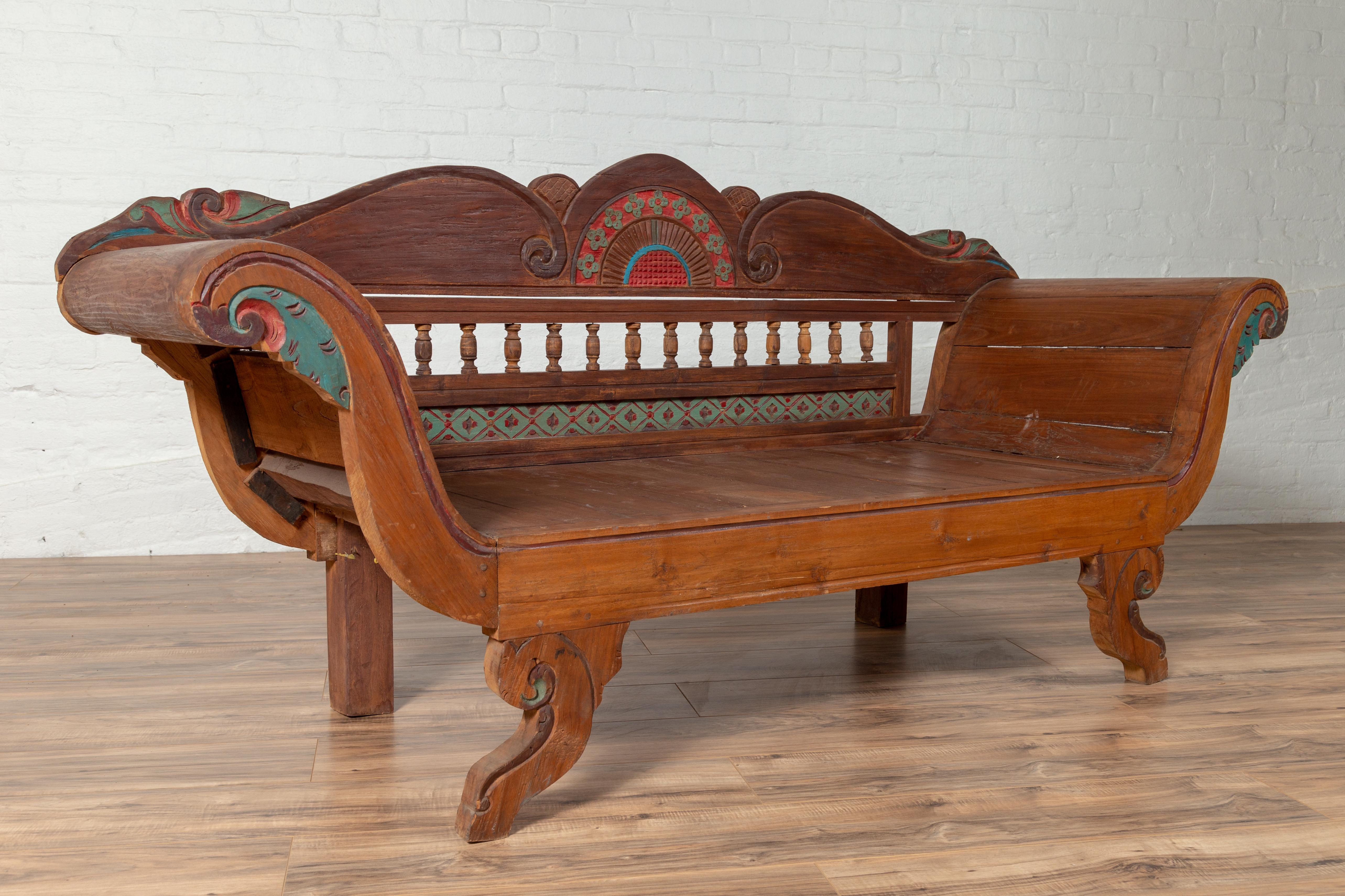 Plantation Javanese Teak Settee with Polychrome Décor and Out-Scrolling Arms For Sale 6