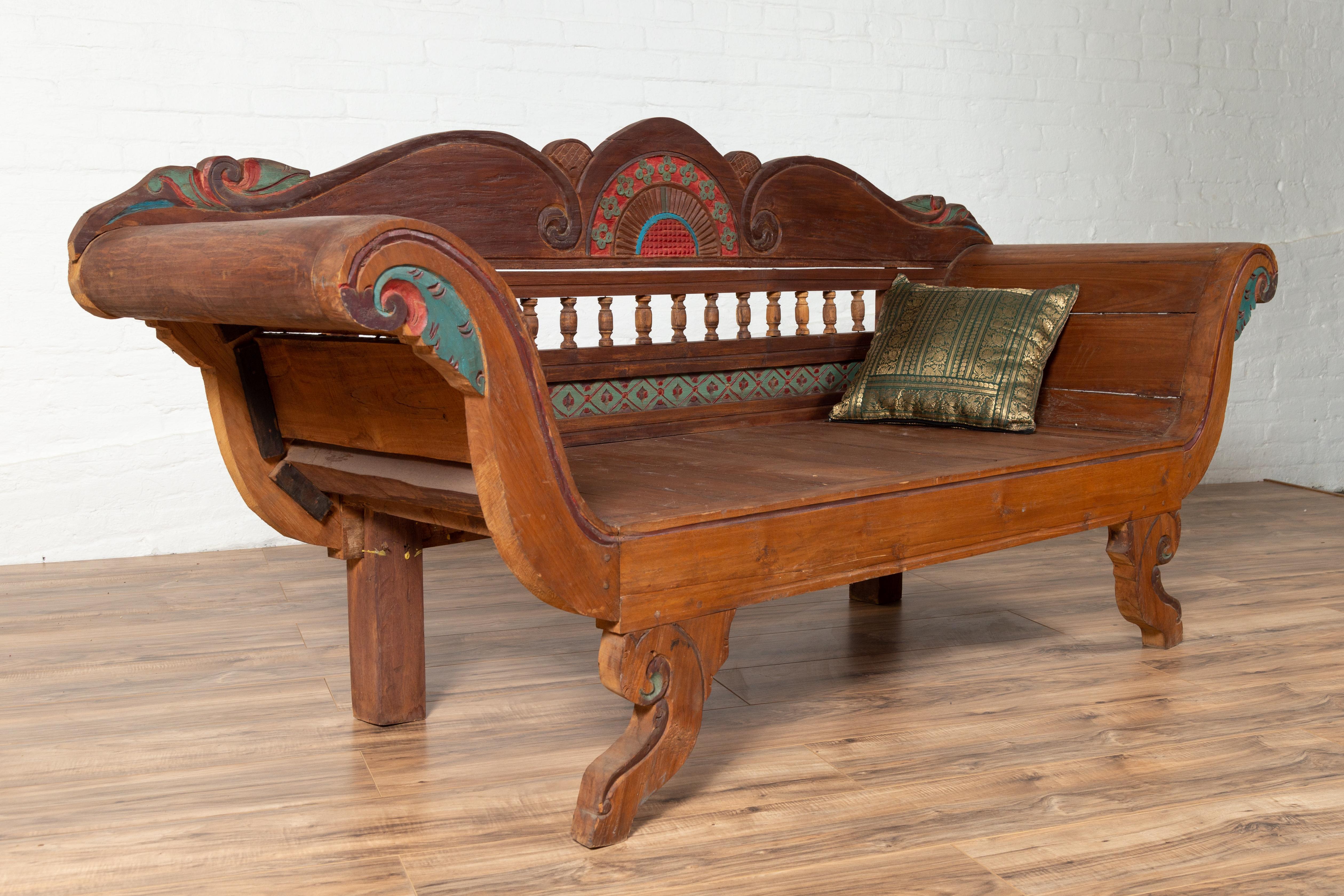 Plantation Javanese Teak Settee with Polychrome Décor and Out-Scrolling Arms For Sale 7