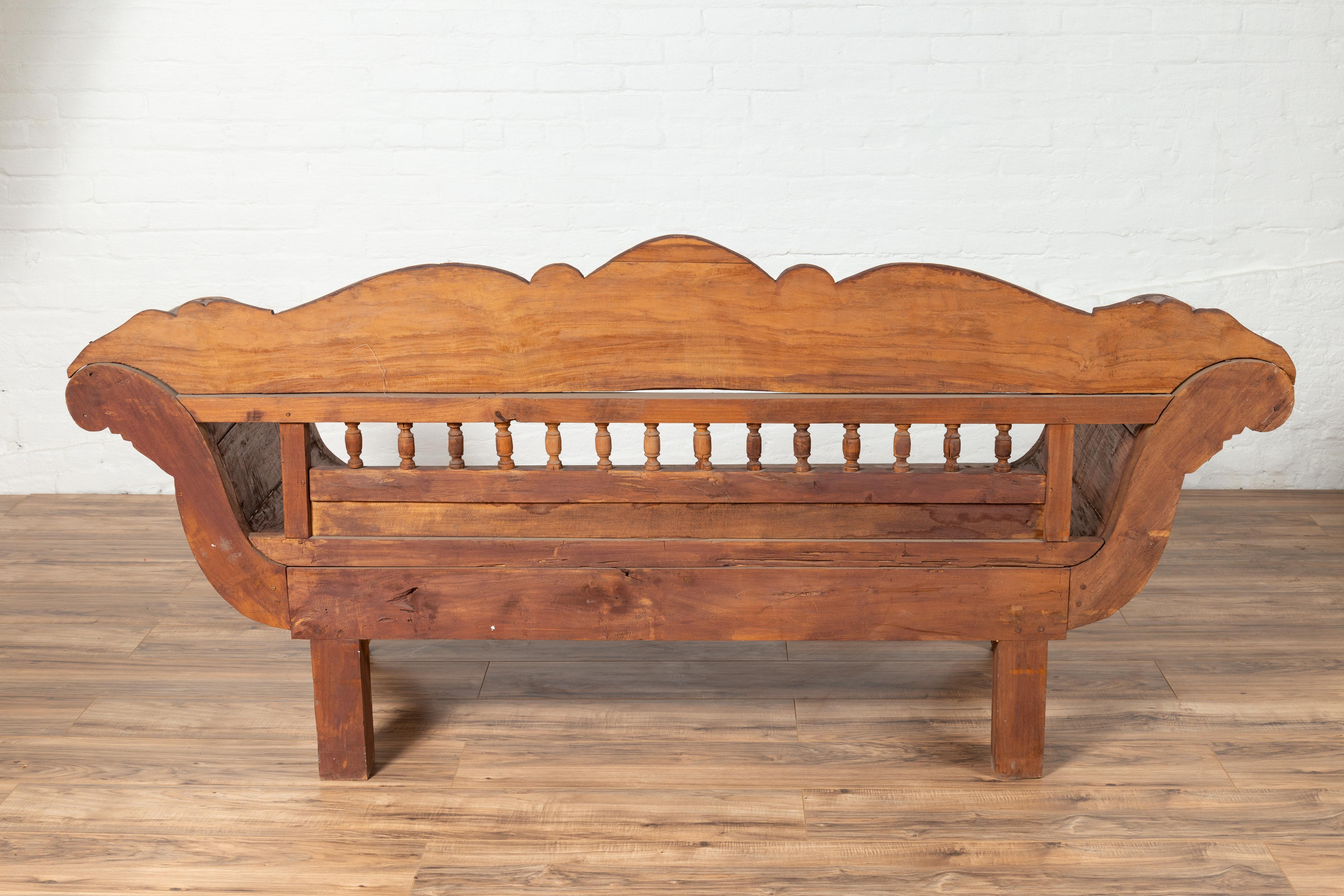 Plantation Javanese Teak Settee with Polychrome Décor and Out-Scrolling Arms For Sale 9