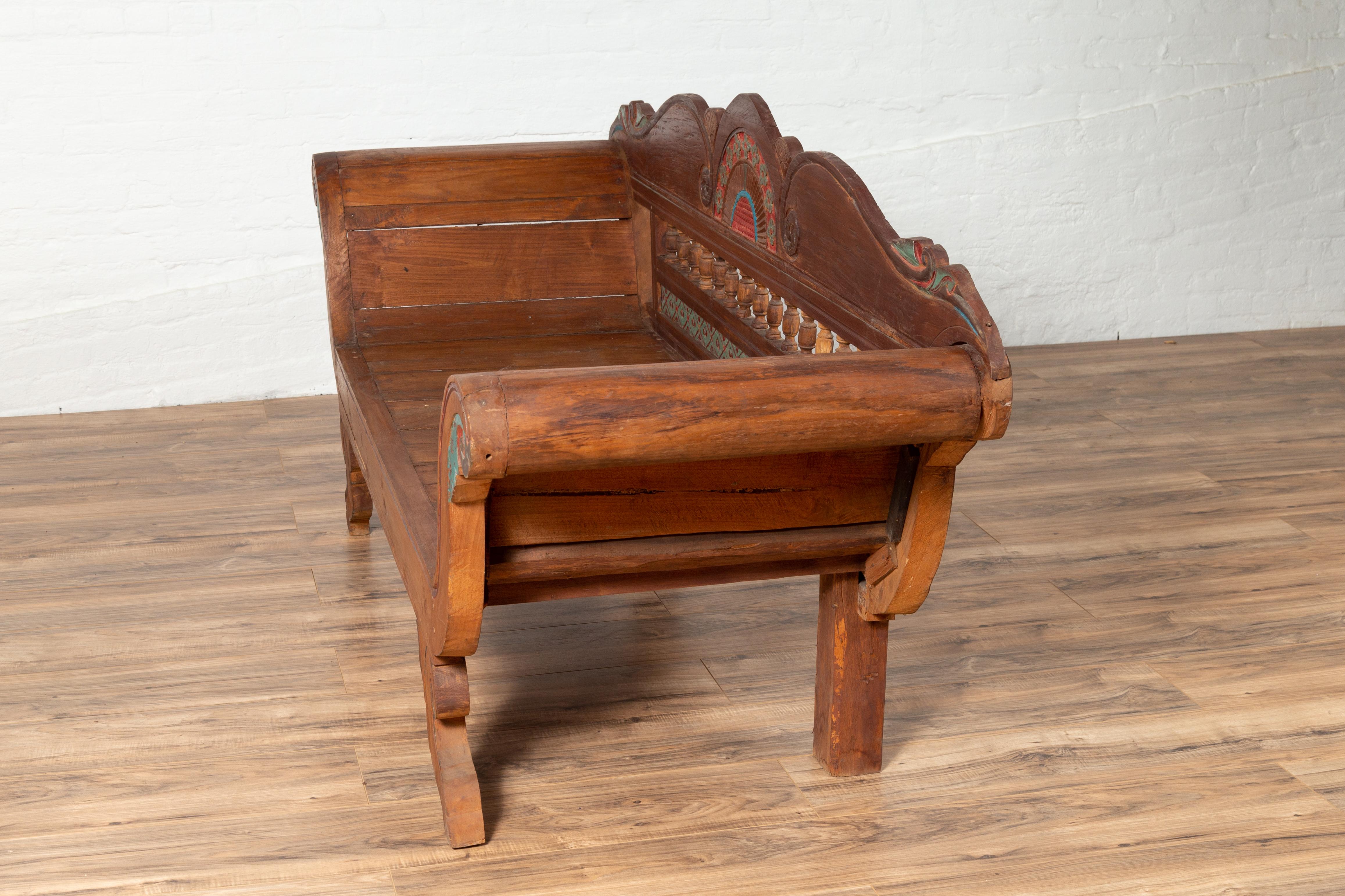 Plantation Javanese Teak Settee with Polychrome Décor and Out-Scrolling Arms For Sale 10