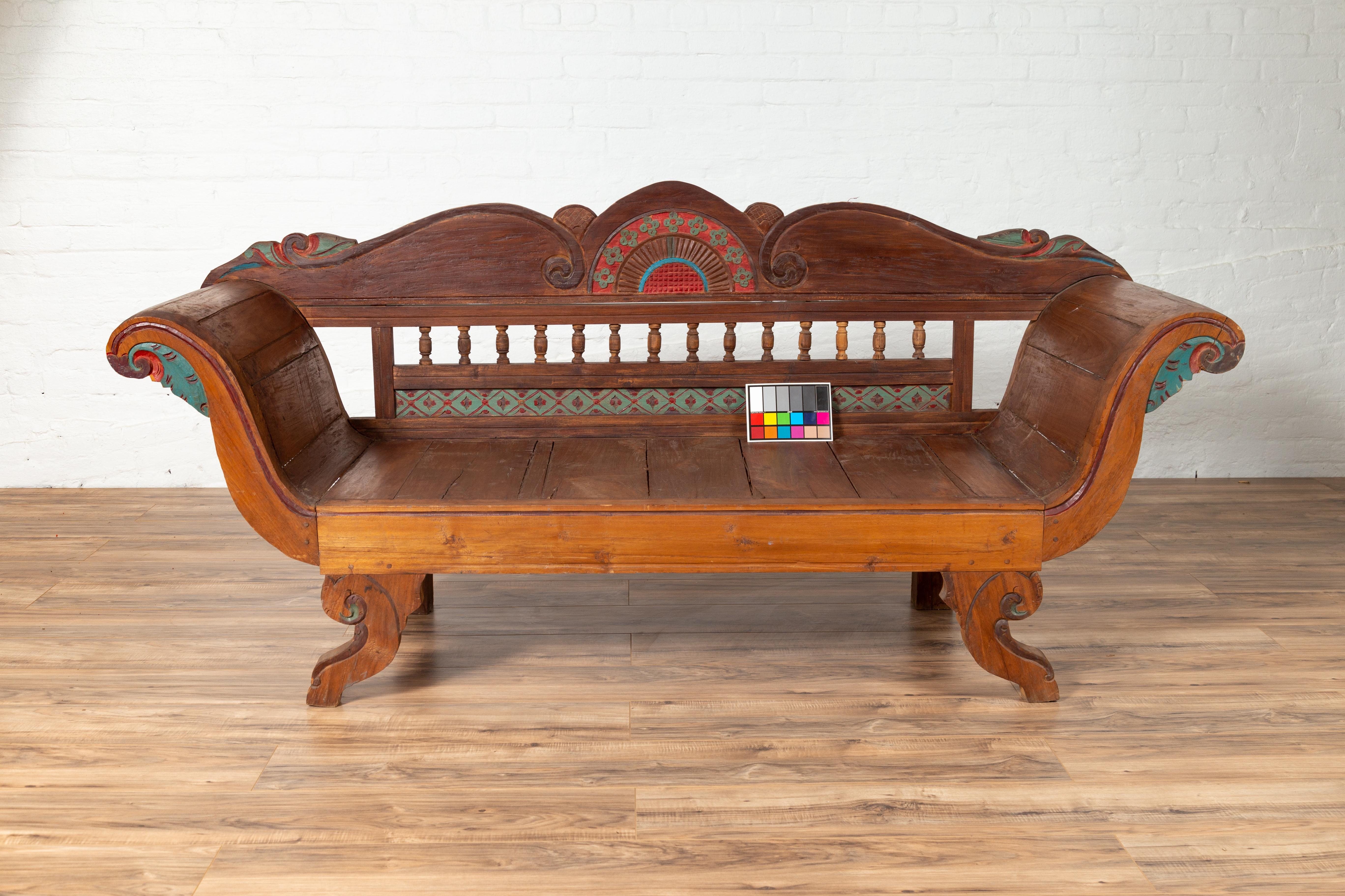 Plantation Javanese Teak Settee with Polychrome Décor and Out-Scrolling Arms For Sale 11