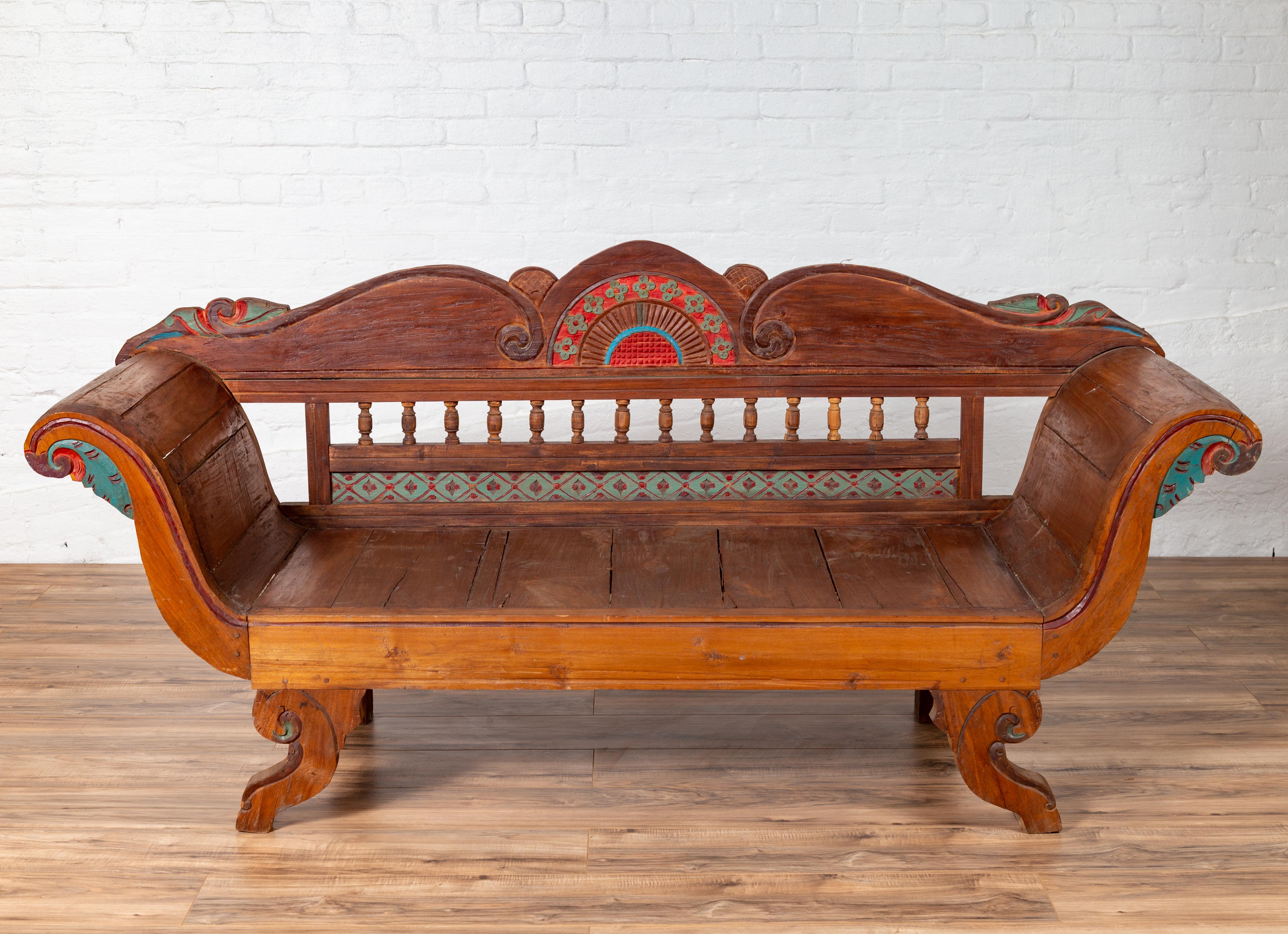 Plantation Javanese Teak Settee with Polychrome Décor and Out-Scrolling Arms In Good Condition For Sale In Yonkers, NY