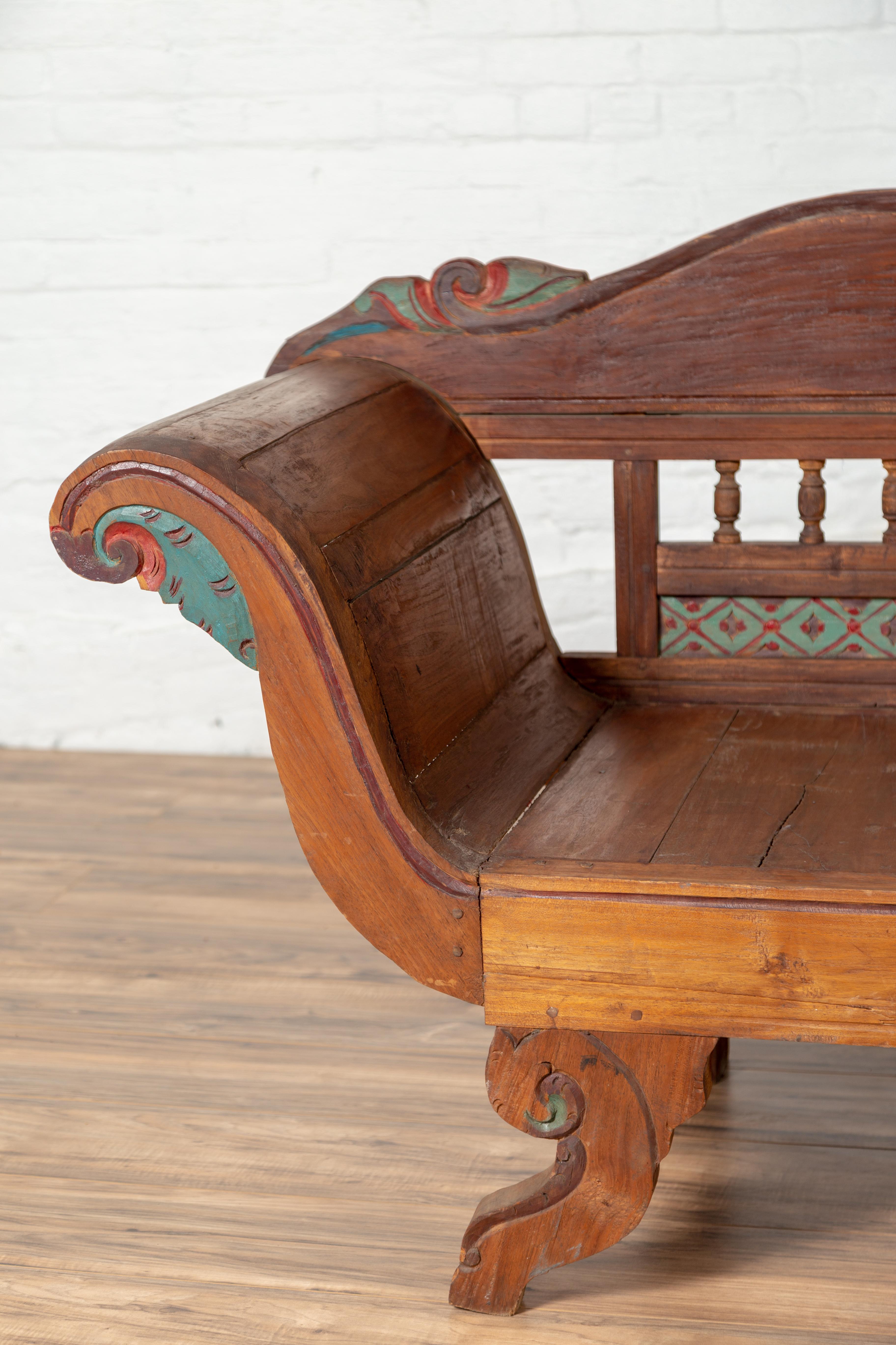 Plantation Javanese Teak Settee with Polychrome Décor and Out-Scrolling Arms For Sale 1
