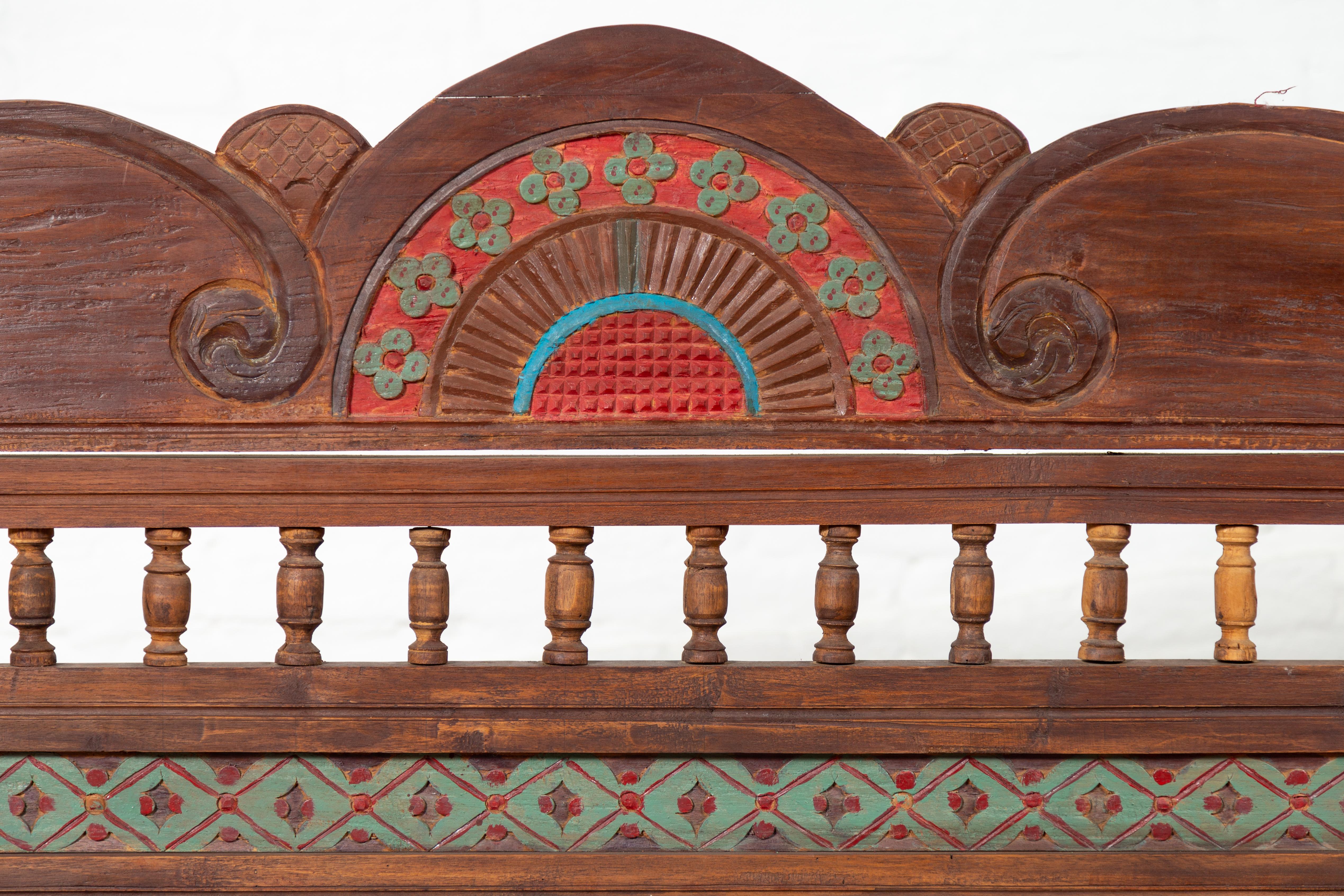 Plantation Javanese Teak Settee with Polychrome Décor and Out-Scrolling Arms For Sale 3