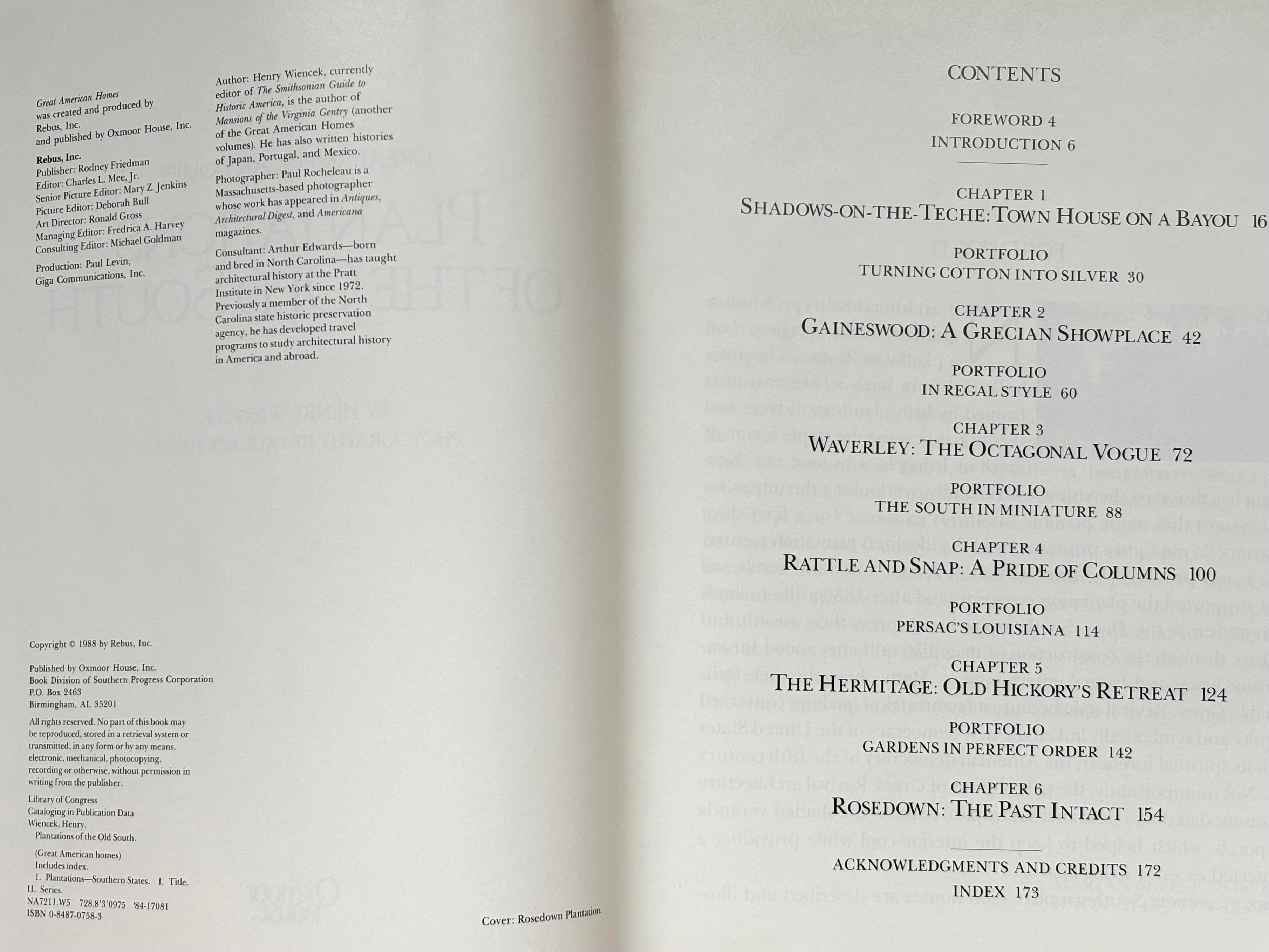 Plantations of the Old South by Henry Wiencek. Hardcover book published in 1988 by Oxmoor House. Illustrated, 176 pages.
