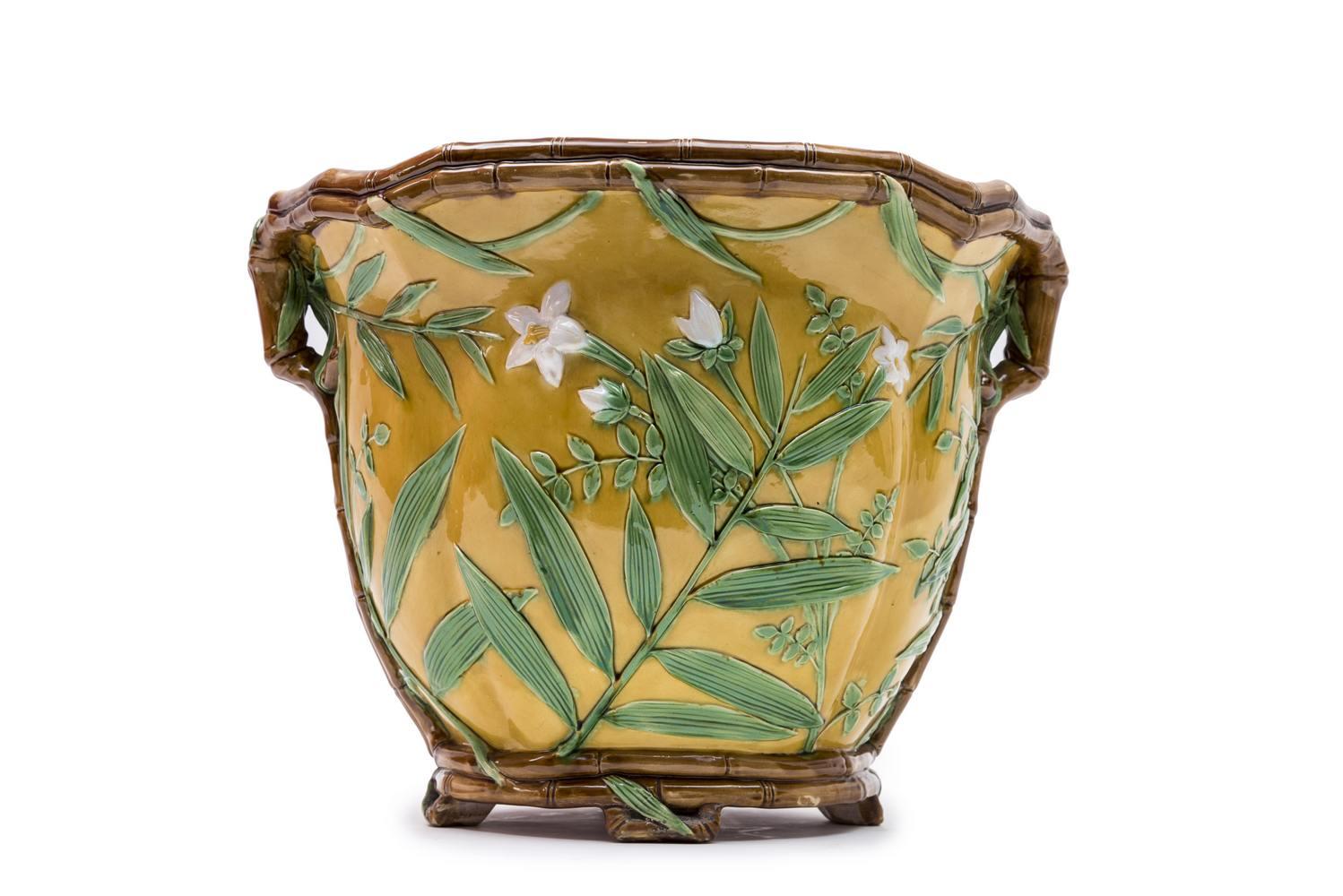 Victorian Planter Decorated with Flowers and Bamboo Branches, Minton, England For Sale
