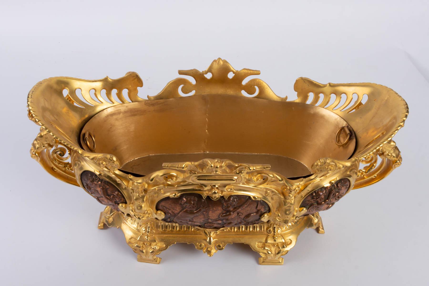 Late 20th Century Planter in Gilt Bronze and Copper Patina Bronze