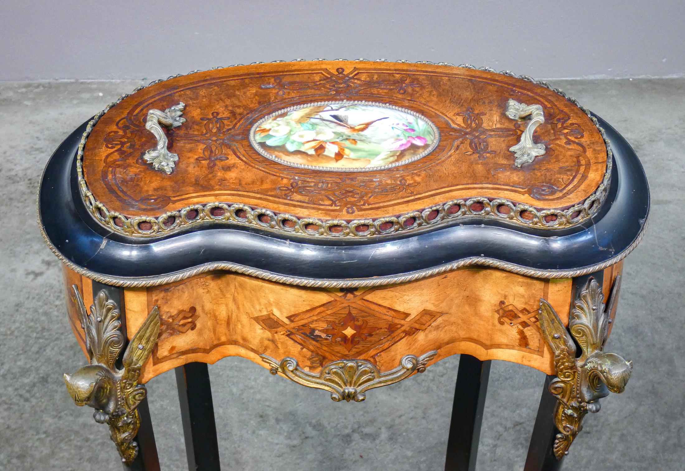 Inlay Planter, Napoleon III Jardiniere in Inlaid Wood and Painted Porcelain 19th C. For Sale