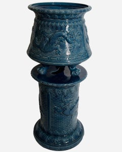 Planter with column in blue glazed earthenware St Amand, France circa 1880/1900