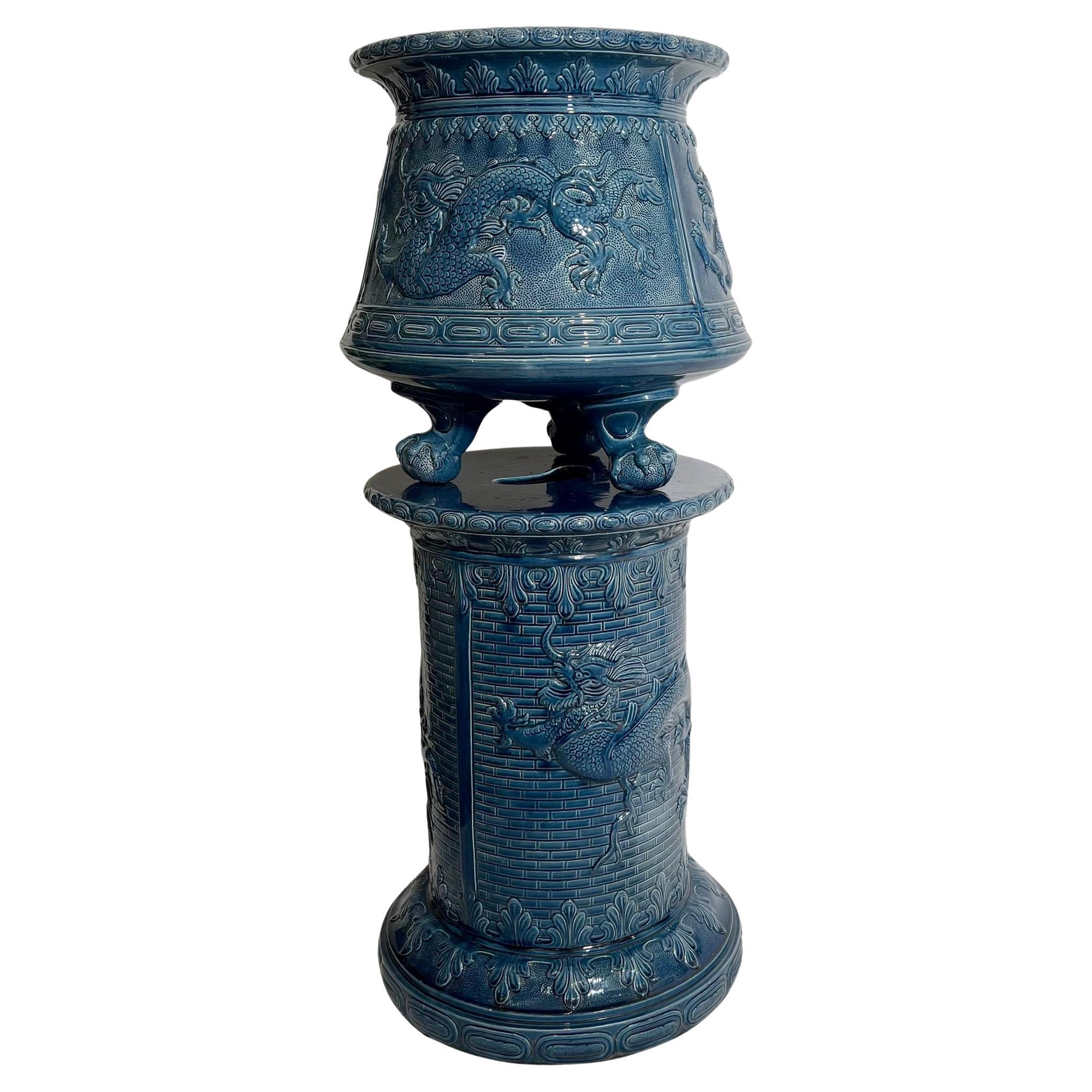 Planter with column in blue glazed earthenware St Amand, France circa 1880/1900