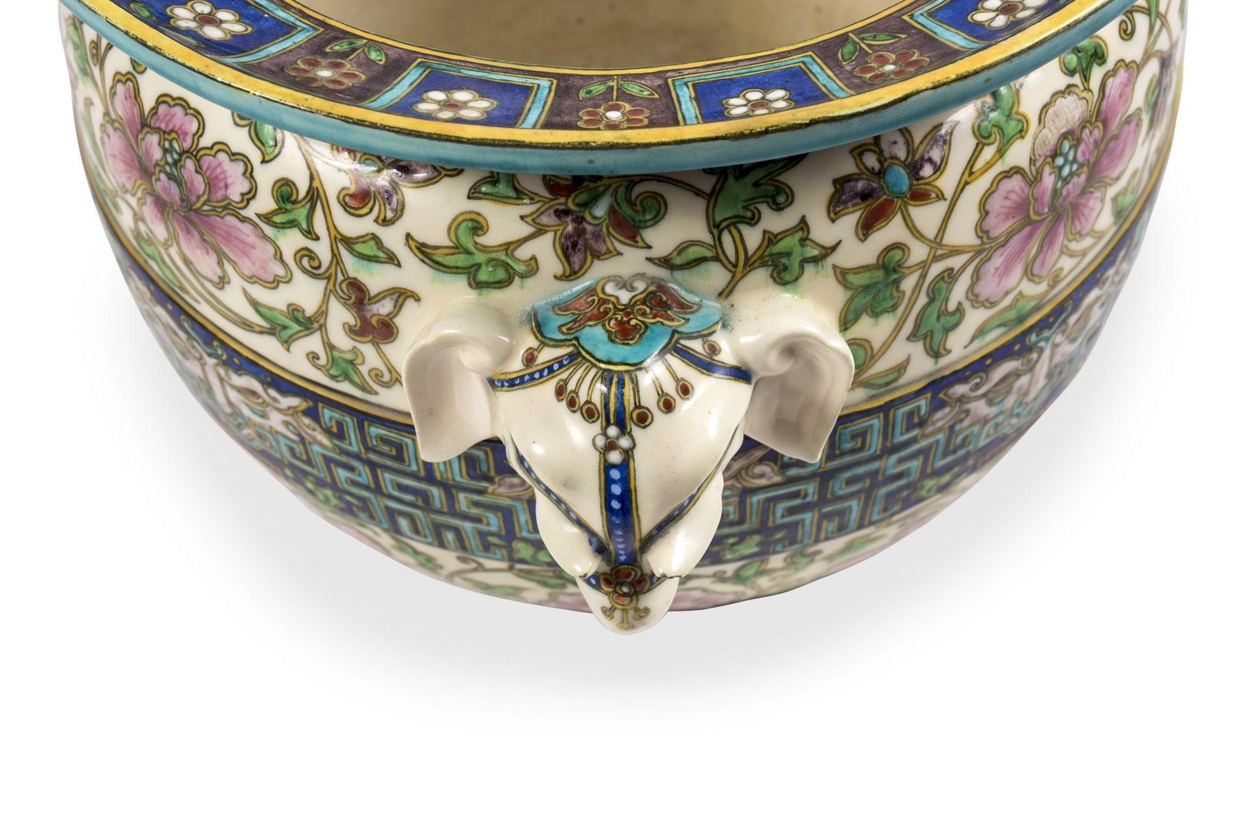 Chinoiserie Planter with elephant handles by Théodore Deck, circa 1870 For Sale