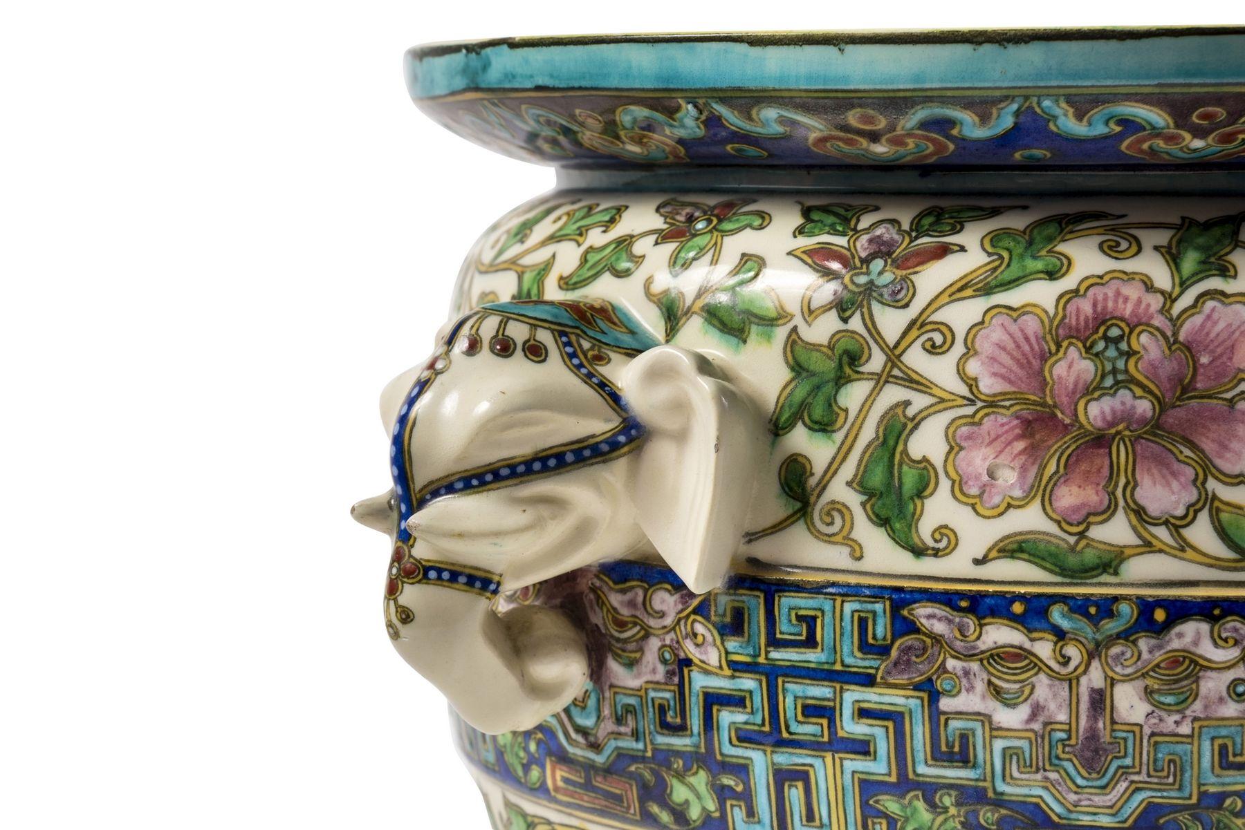 French Planter with elephant handles by Théodore Deck, circa 1870 For Sale