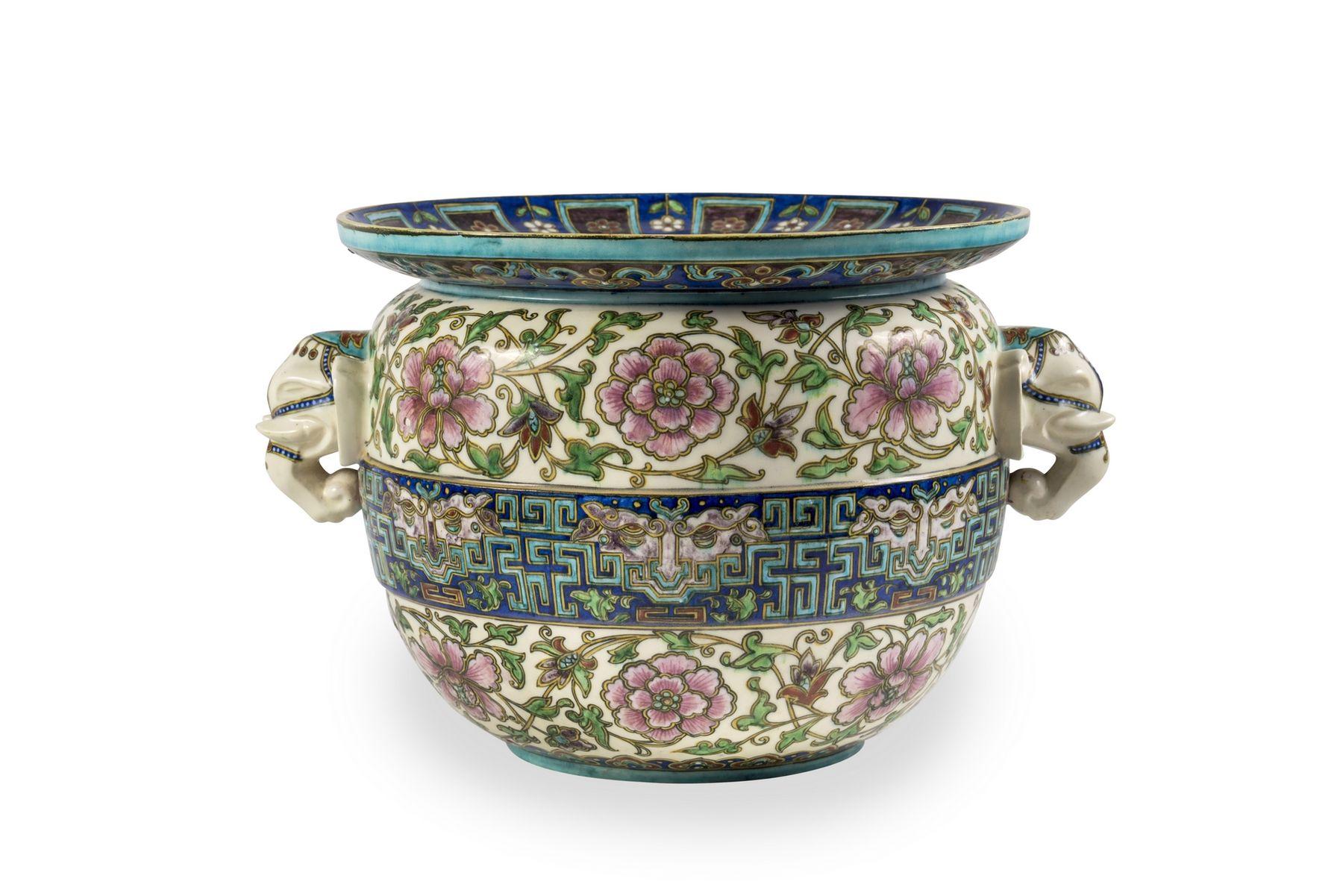 Enameled Planter with elephant handles by Théodore Deck, circa 1870 For Sale