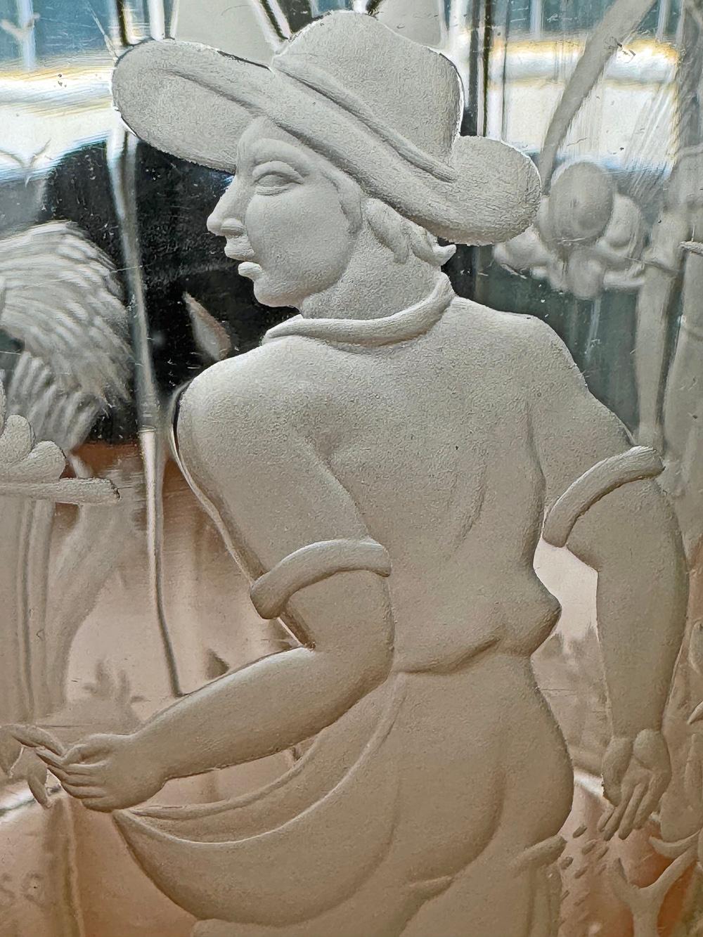 „Pflanz und Ernte“, bedeutende gravierte Art-Déco-Glasvase mit Gravur von Lejsek (Tschechisch) im Angebot