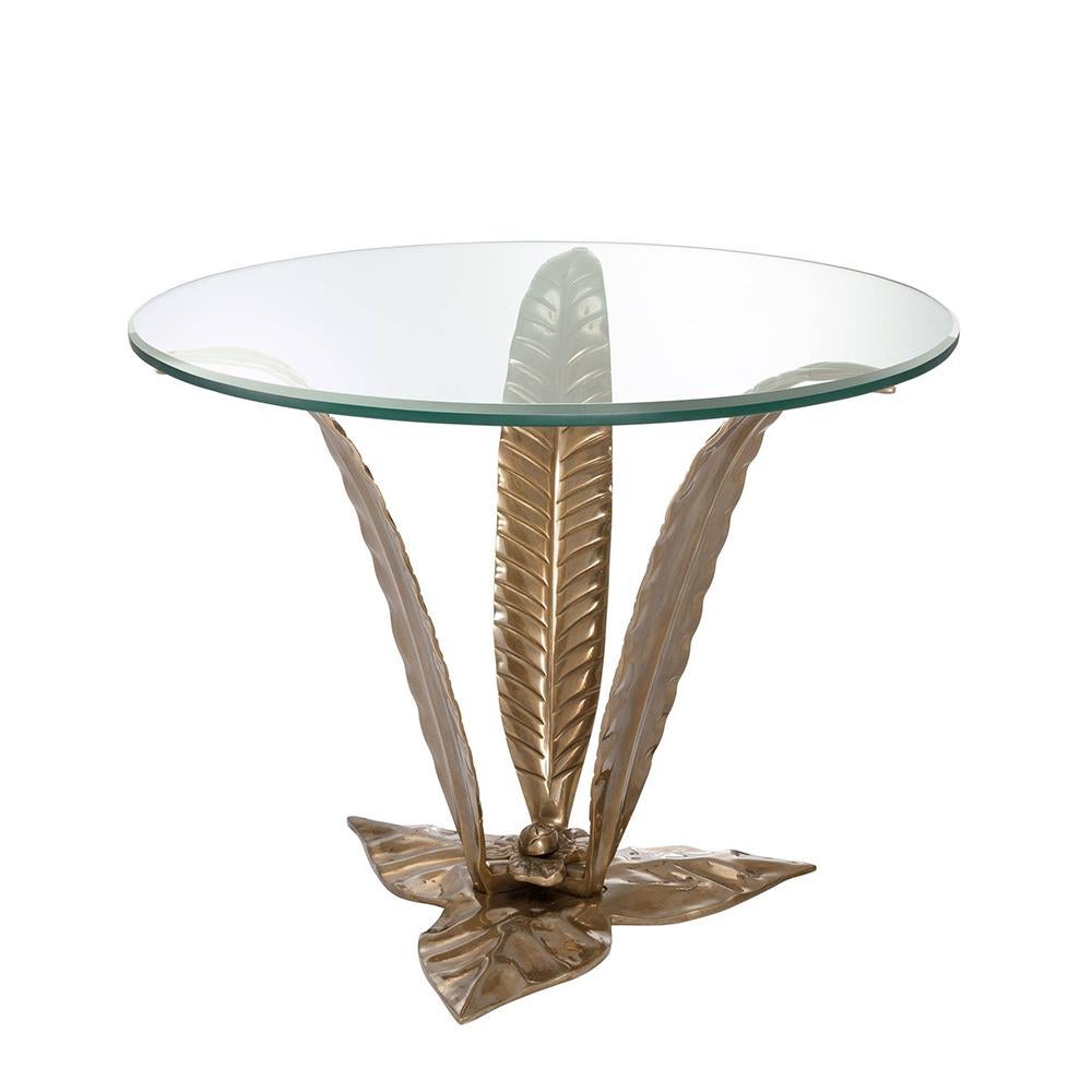 Side table planting with structure in solid brass
in vintage finish. With bevelled clear glass top.