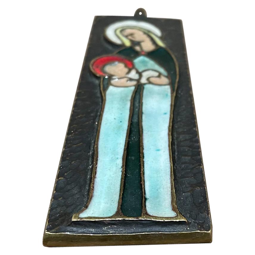 Bronze Plaque Sculpture Mother Mary & Child Pretty Color Detail Wall Art 1960s