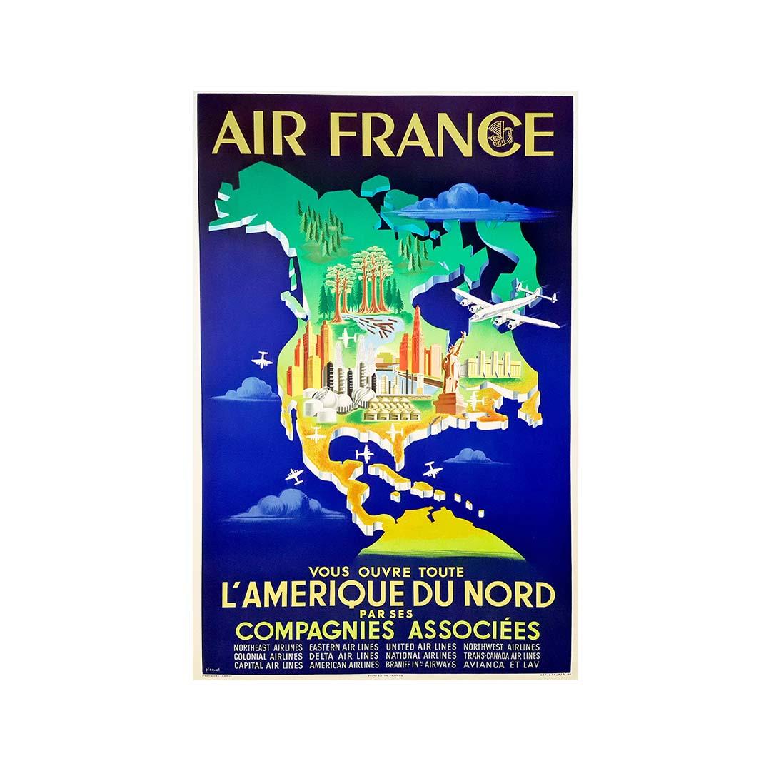 In 1951, Air France announced that it was opening up "all of North America to its passengers through its associated companies". Plaquet's poster lists them all: American Airlines, United Airlines, Delta Airlines, Trans-Canada Airlines and many