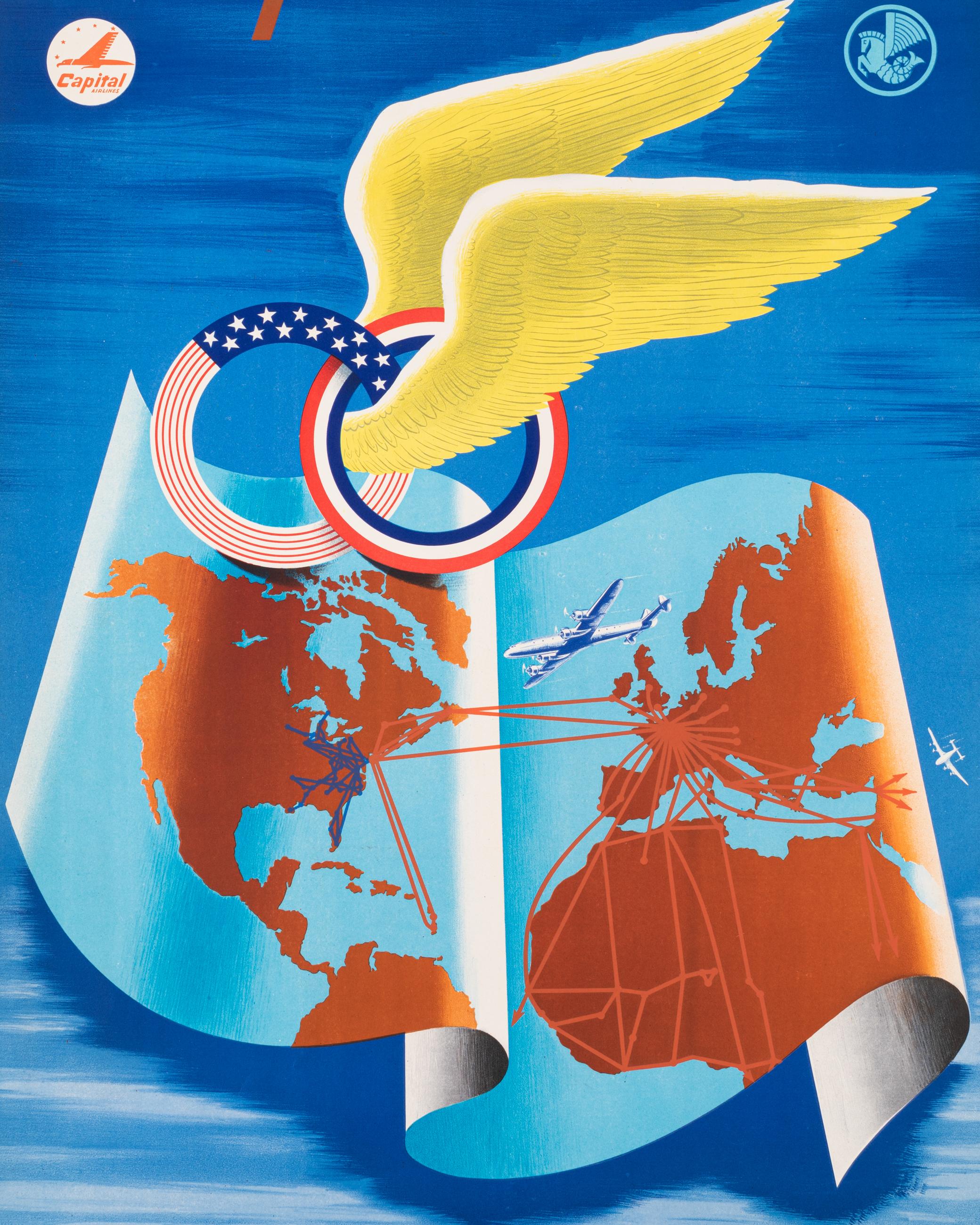 Original Vintage Poster für Air France und Capital Airlines von Plaquet aus dem Jahr 1952.

Künstler: Plaquet
Titel: Air France Capital Airlines - Zwei Fluglinien in einem einzigen Flugzeug
Datum: 1952
Größe (B x H): 24,6 x 39.4 in / 62,5 x 100