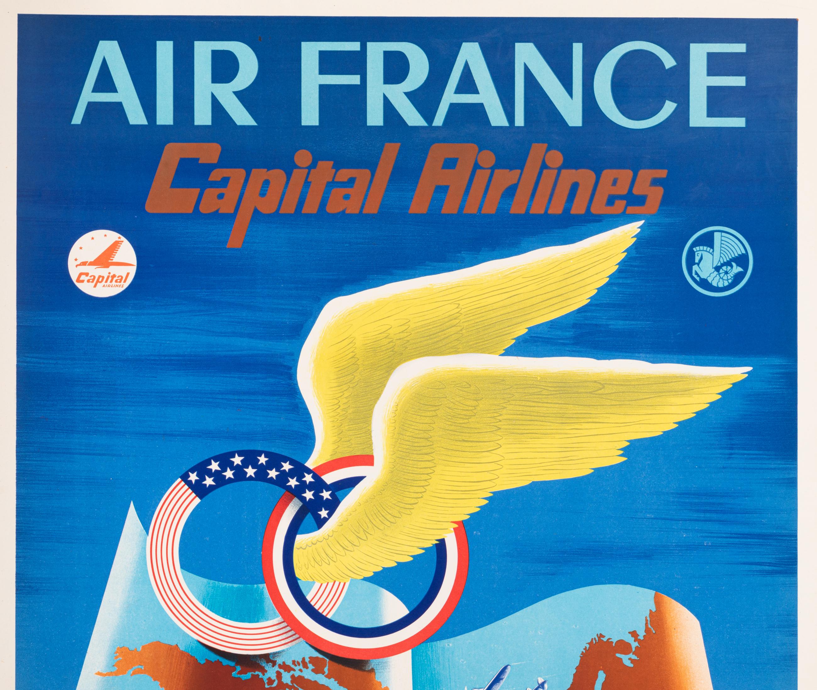 Mid-Century Modern Plaquet, Original Air France Poster, Capital Airlines, USA, Aviation, Plane 1952 For Sale