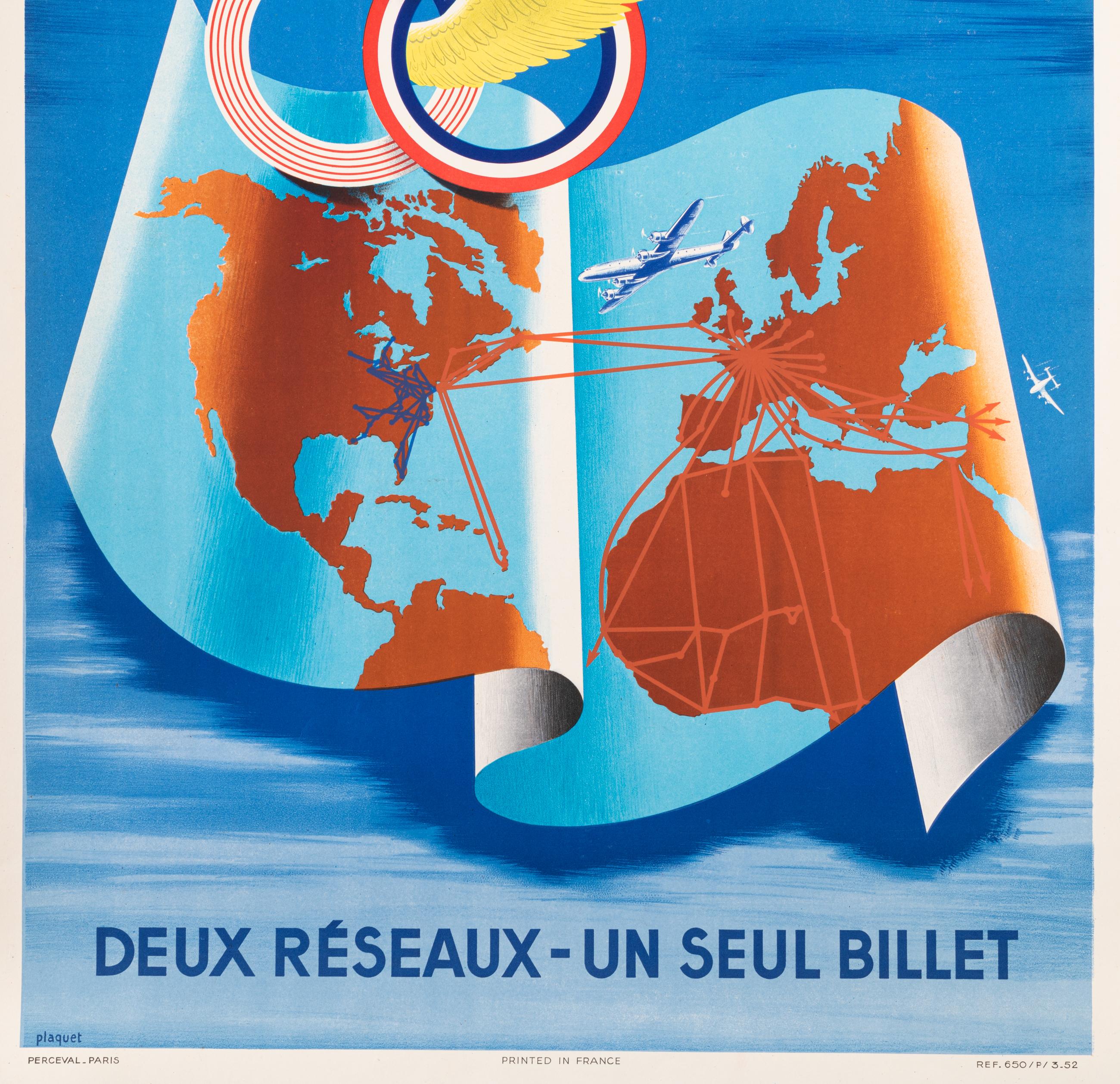 French Plaquet, Original Air France Poster, Capital Airlines, USA, Aviation, Plane 1952 For Sale