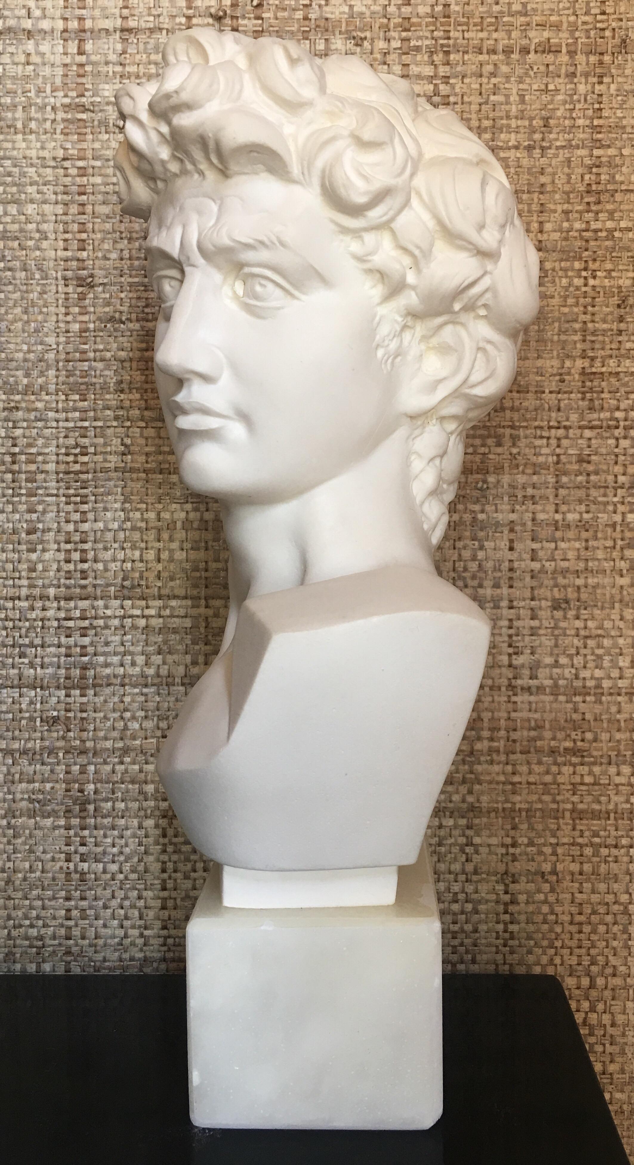 Giuseppe Bessi (1857-1922, Italy) Highly detailed plaster composite bust sculpture of David mounted on an alabaster/marble plinth base. Signed on the back “Prof. G. Bessi”. 

Giuseppe (Professor) Bessi was an Italian sculptor famed for his lifelike