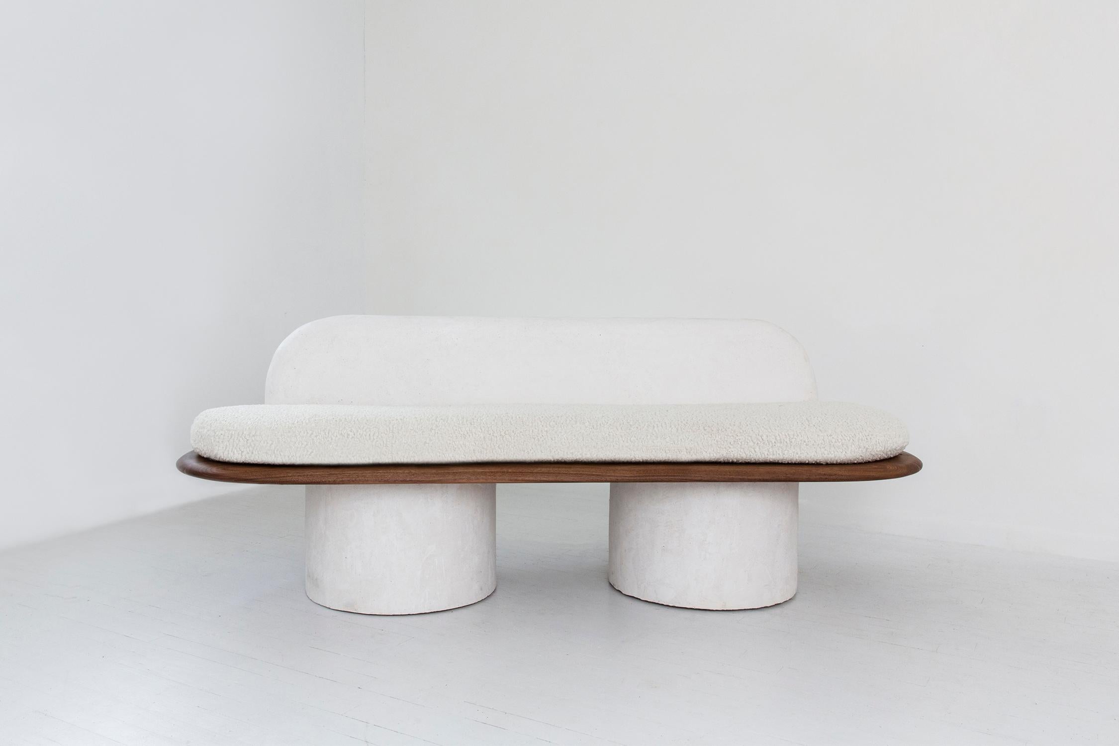 Modern Plaster and Black Walnut Pillar Sofa with Bouclé Upholstery by Jackrabbit Studio For Sale