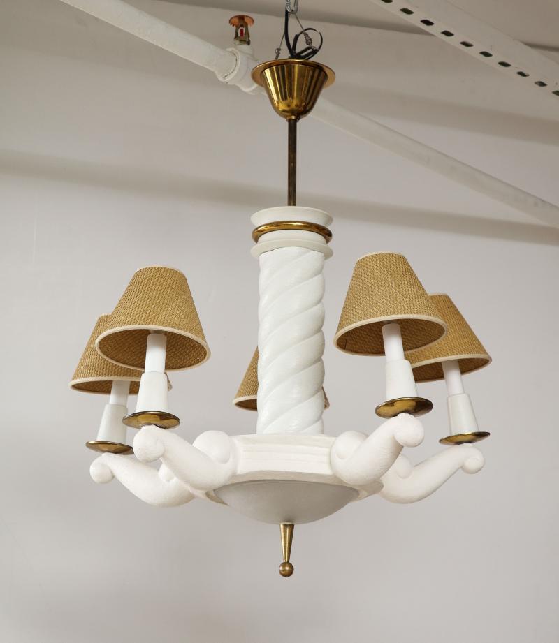 Plaster and Polished Brass Chandelier by Maison Arlus, c. 1950 For Sale 4