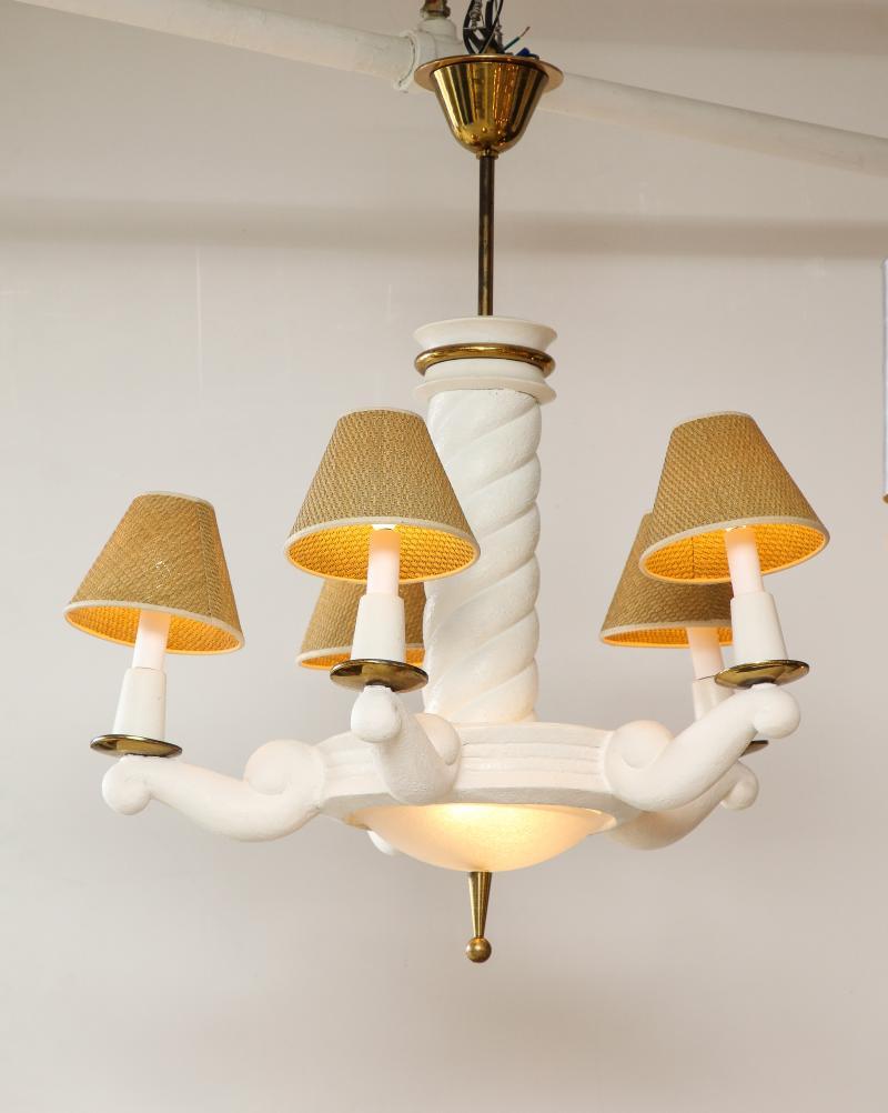French Plaster and Polished Brass Chandelier by Maison Arlus, c. 1950 For Sale
