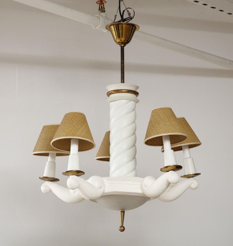 Plaster and Polished Brass Chandelier by Maison Arlus, c. 1950 For Sale 2