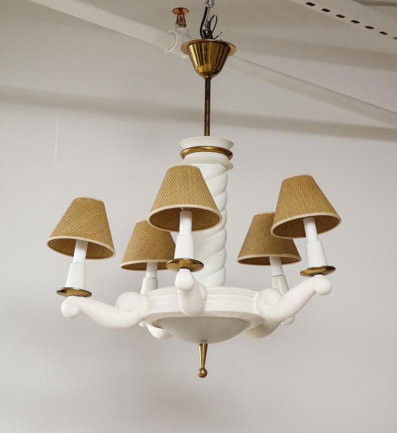 Plaster and Polished Brass Chandelier by Maison Arlus, c. 1950 For Sale 3